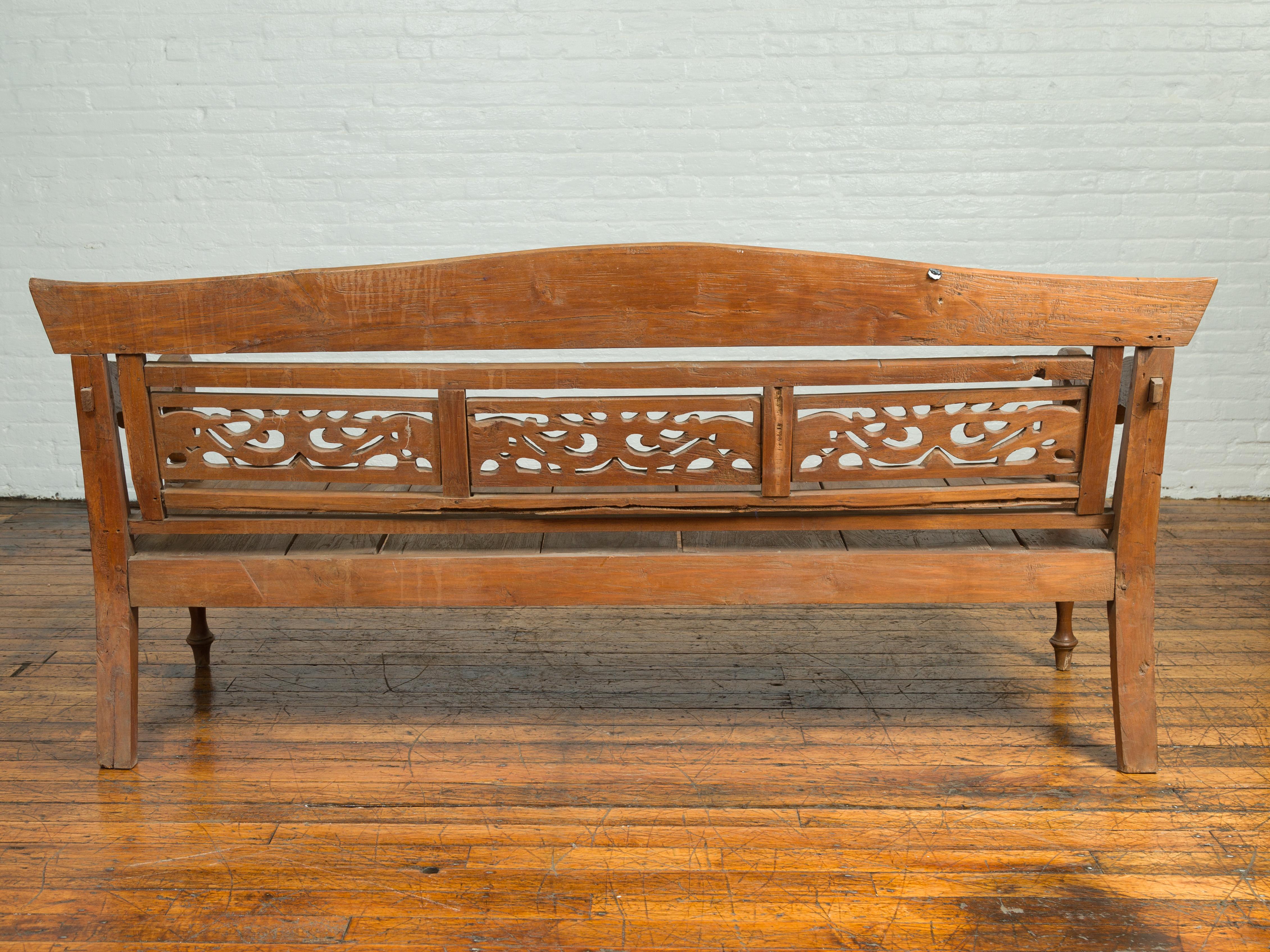 Dutch Colonial Antique Wooden Bench with Carved Camelback and Scrolling Arms 7