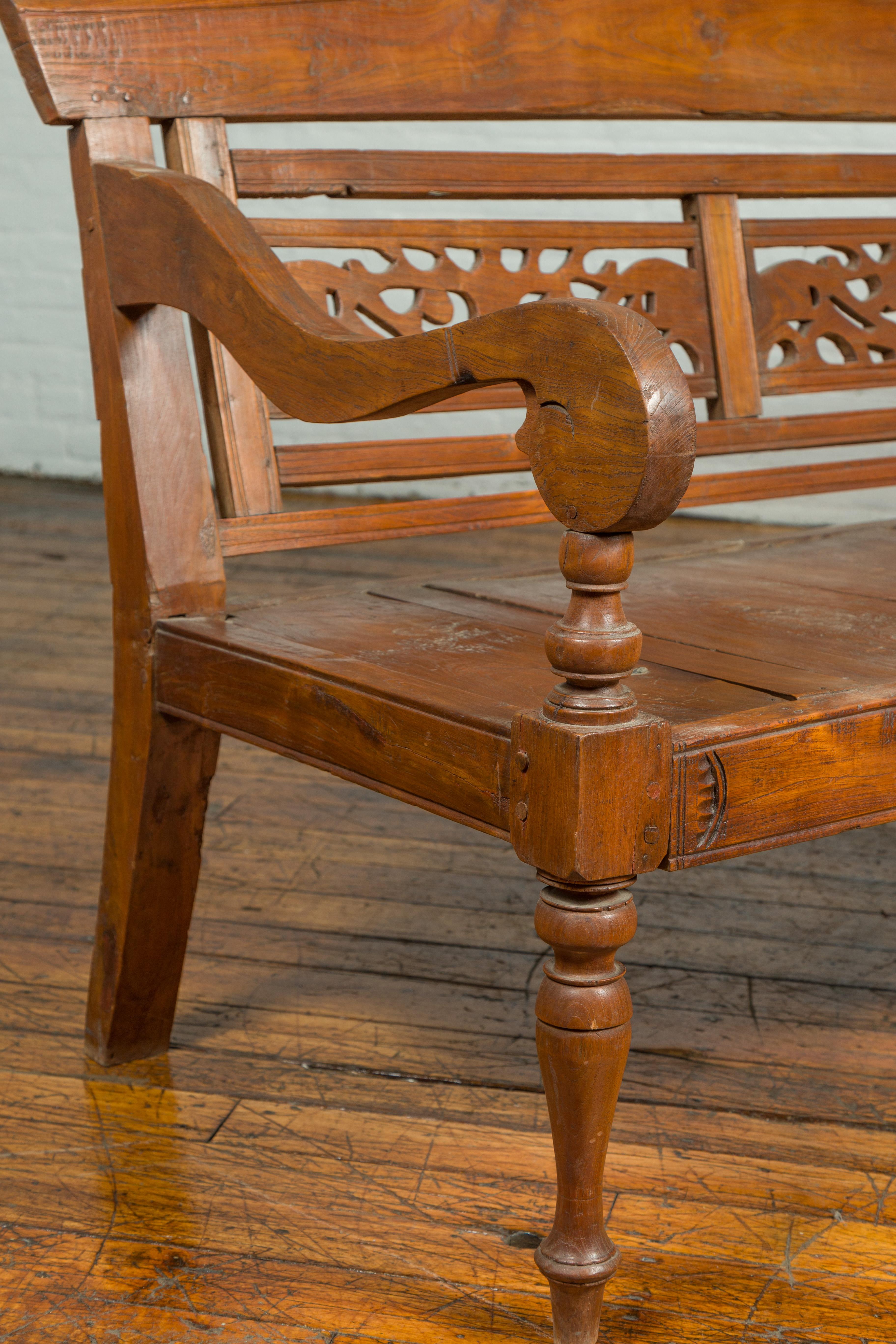 Dutch Colonial Antique Wooden Bench with Carved Camelback and Scrolling Arms 1