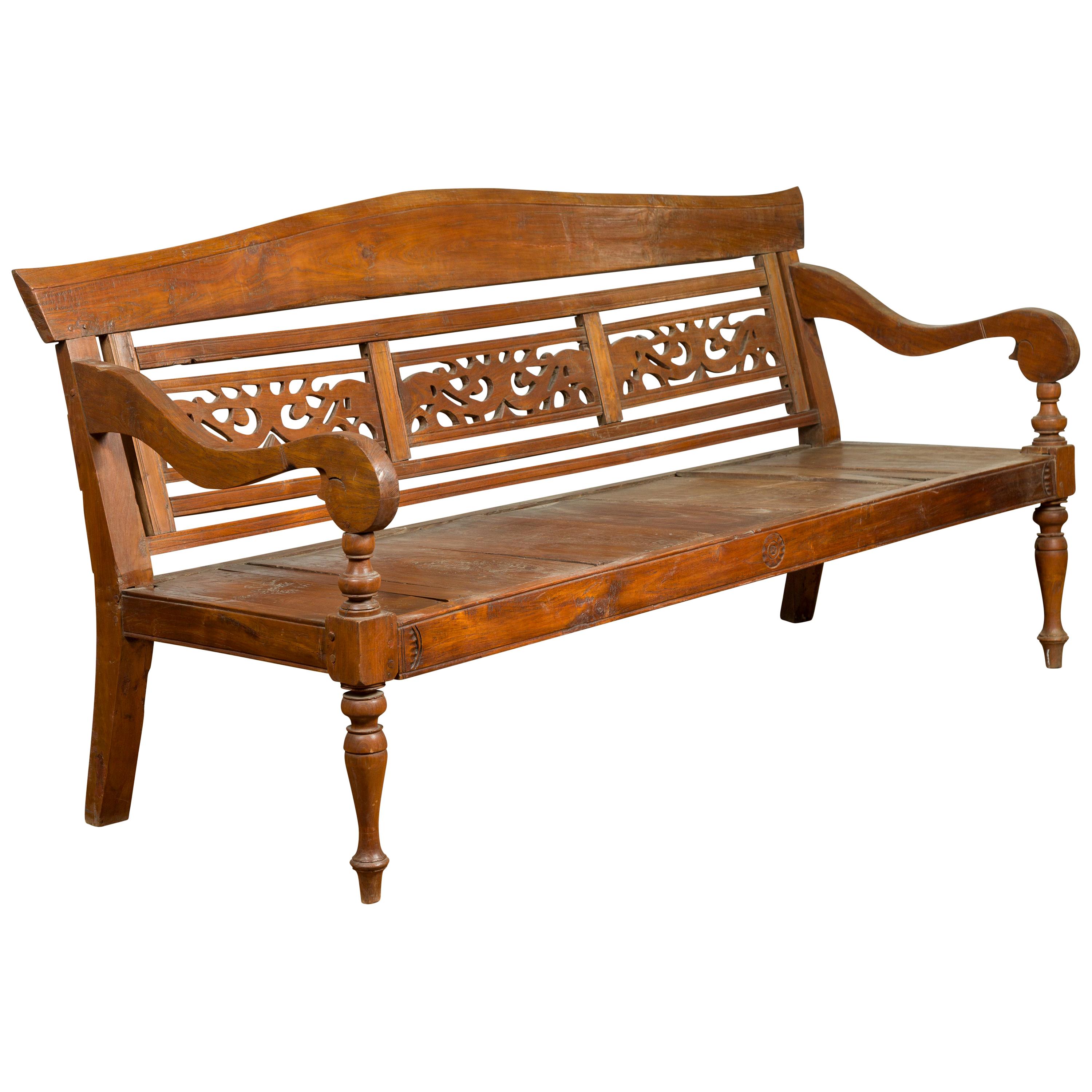 Dutch Colonial Antique Wooden Bench with Carved Camelback and Scrolling Arms