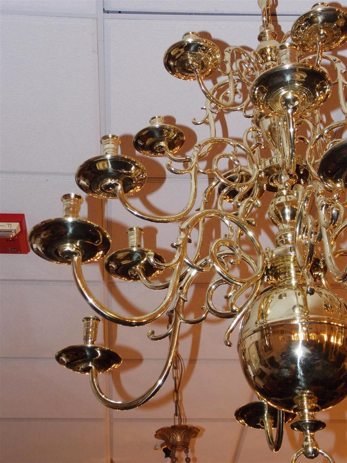 Dutch Colonial Brass Three-Tier Bulbous and Scrolled Chandelier, Circa 1760 (Gegossen)