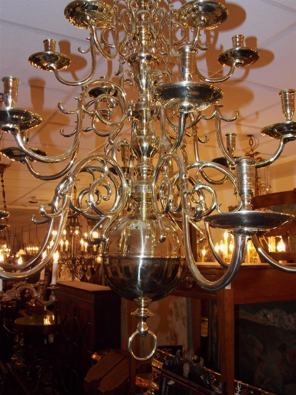 Dutch Colonial Brass Three-Tier Bulbous and Scrolled Chandelier, Circa 1760 (Messing)
