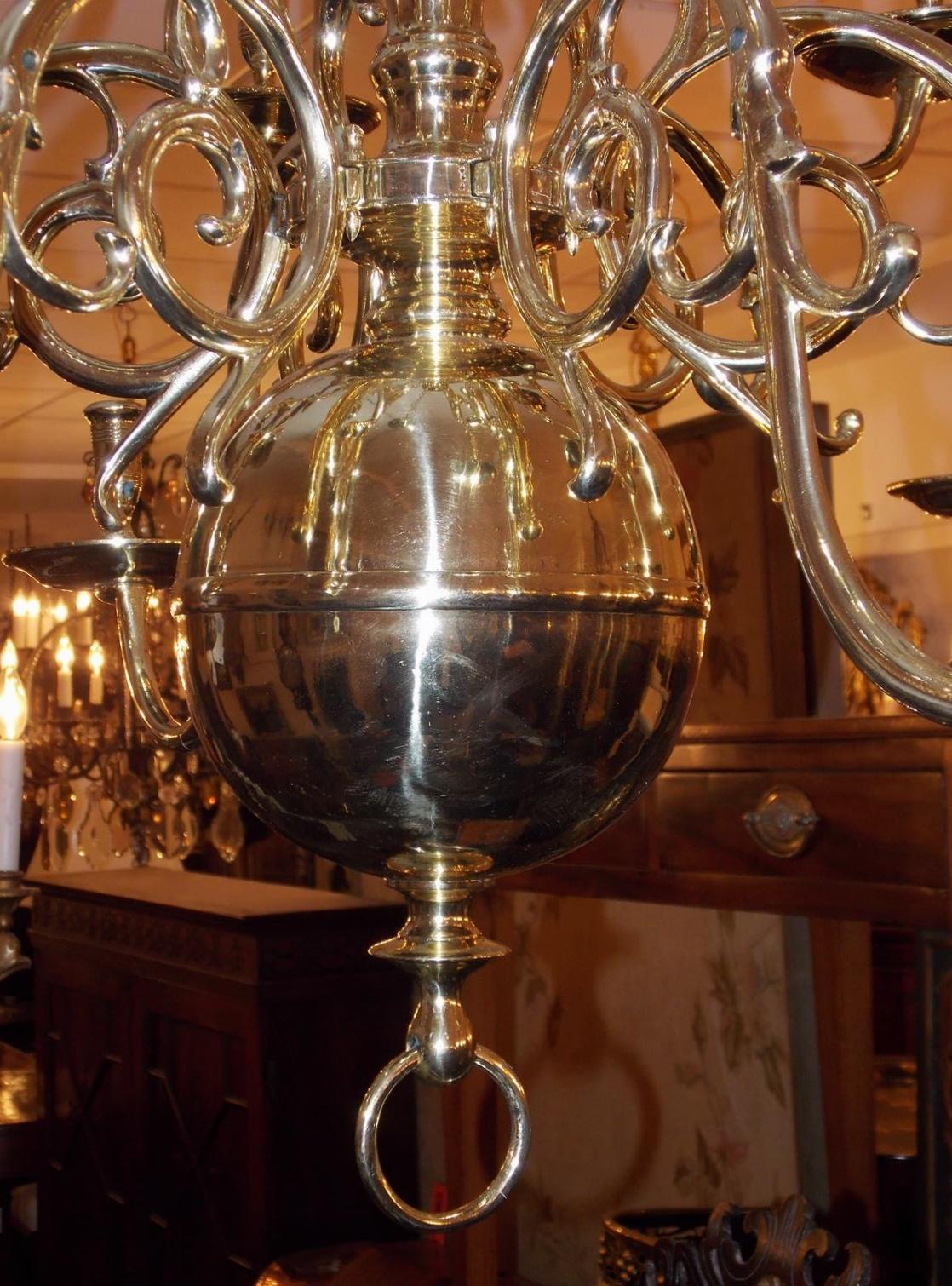 Dutch Colonial Brass Three-Tier Bulbous and Scrolled Chandelier, Circa 1760 1