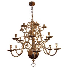 Antique Dutch Colonial Brass Three-Tier Bulbous and Scrolled Chandelier, Circa 1760