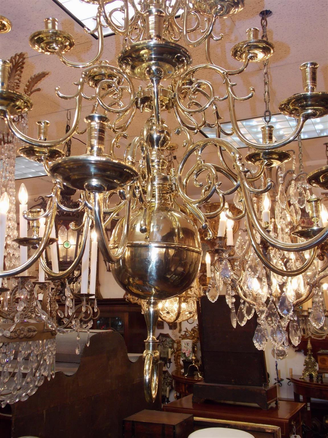 Cast Dutch Colonial Brass Three-Tiered Bulbous Double Eagle Chandelier, Circa 1740