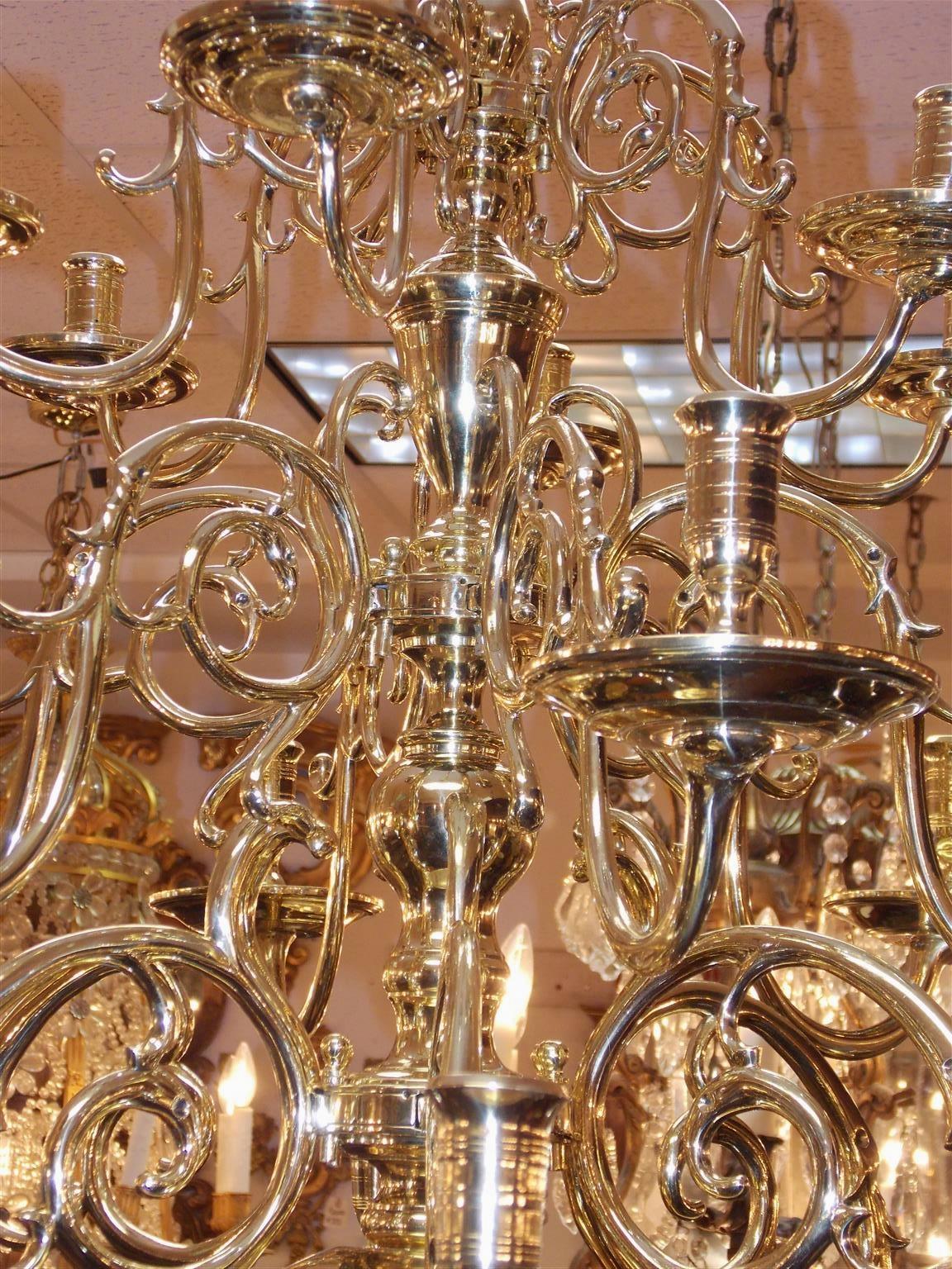 Dutch Colonial Brass Three-Tiered Bulbous Double Eagle Chandelier, Circa 1740 In Excellent Condition In Hollywood, SC