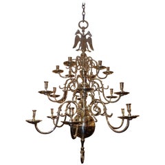 Dutch Colonial Brass Three-Tiered Bulbous Double Eagle Chandelier, Circa 1740