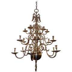 Dutch Colonial Brass Three-Tiered Bulbous Double Eagle Chandelier, Circa 1740