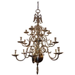 Antique Dutch Colonial Brass Three-Tiered Bulbous Double Eagle Chandelier, Circa 1740