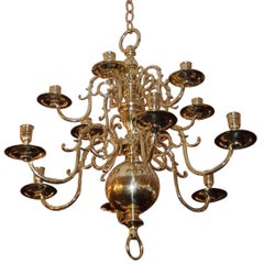 Antique Dutch Colonial Brass Two-Tier Bulbous and Scrolled Chandelier, Circa 1760