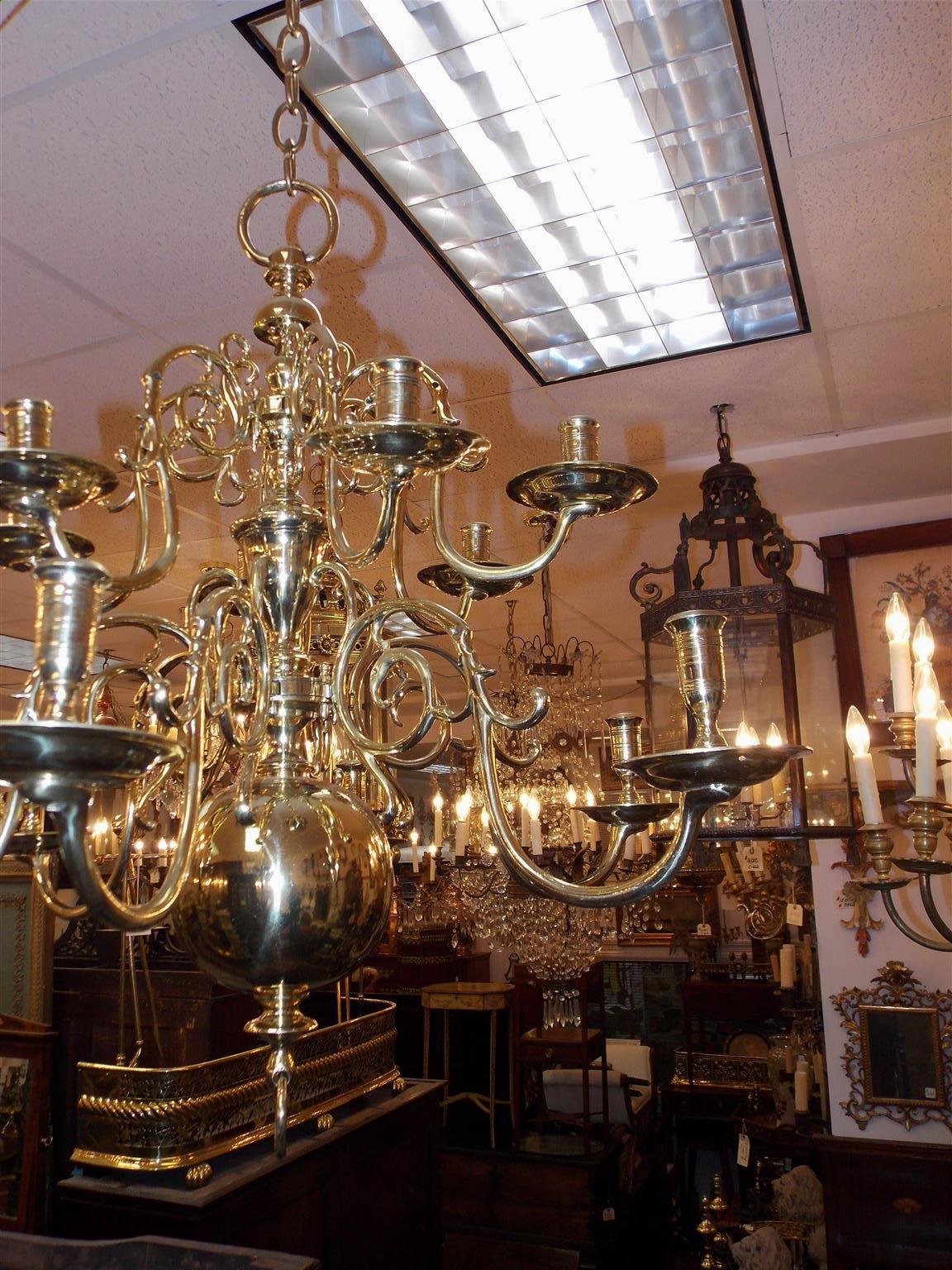 Cast Dutch Colonial Brass Two-Tier Bulbous and Scrolled Chandelier, Circa 1760 For Sale