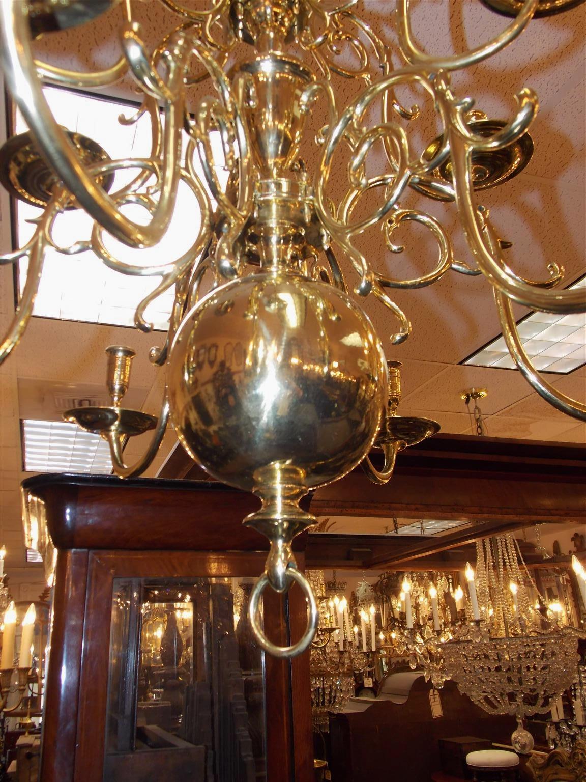 Dutch Colonial Brass Two-Tier Bulbous and Scrolled Chandelier, Circa 1760 For Sale 1