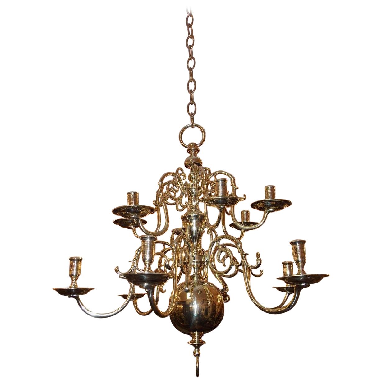 Dutch Colonial Brass Two-Tier Bulbous and Scrolled Chandelier, Circa 1760 For Sale