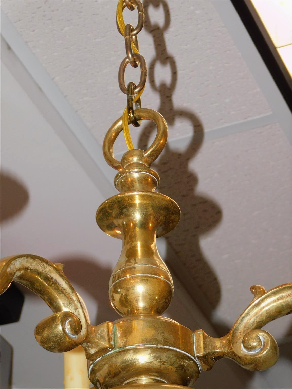 Cast Dutch Colonial Bronze and Crystal Three Arm Chandelier Orig. Candle, C. 1820