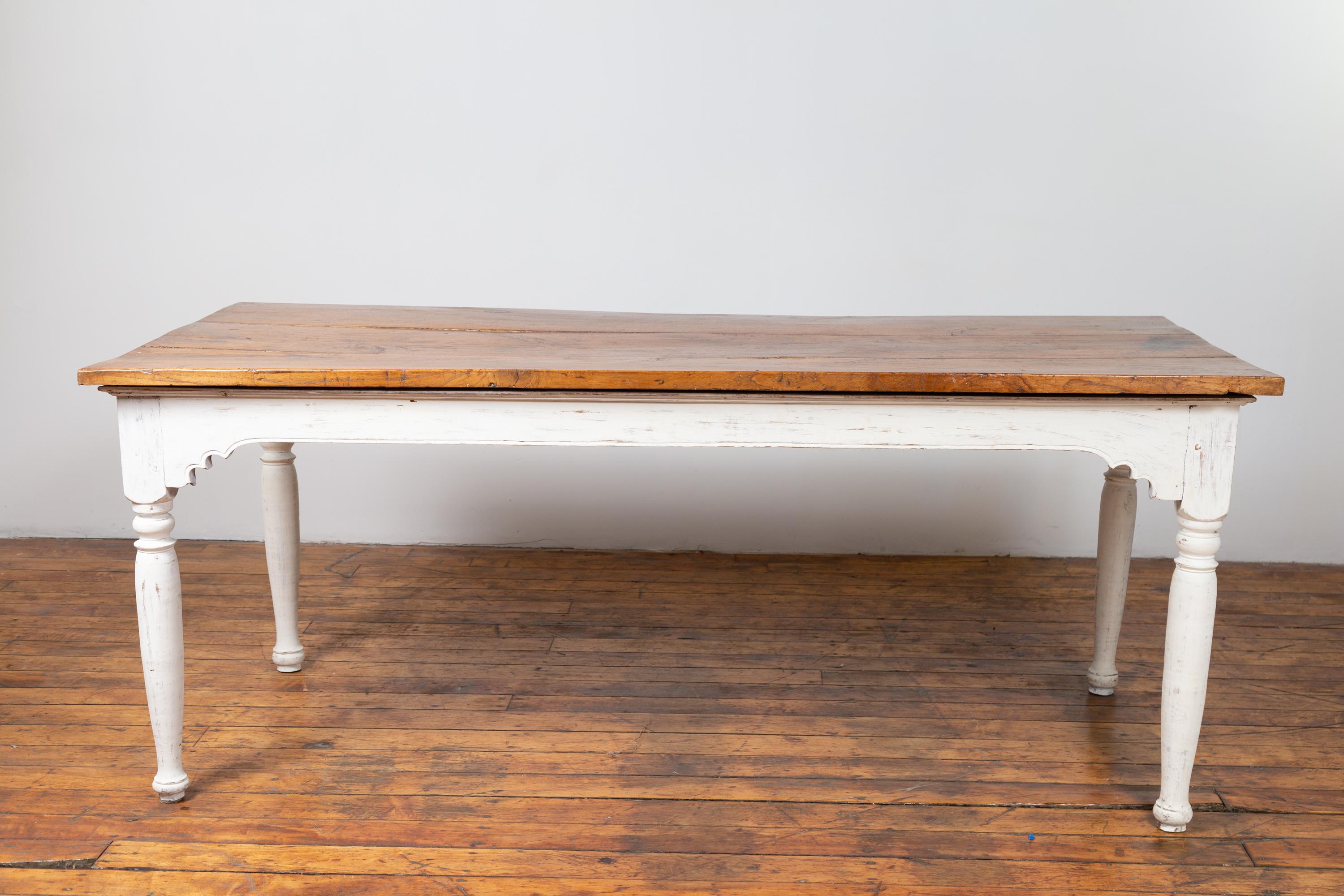 Dutch Colonial Dining Table with Wooden Top over White Painted Turned Base 2