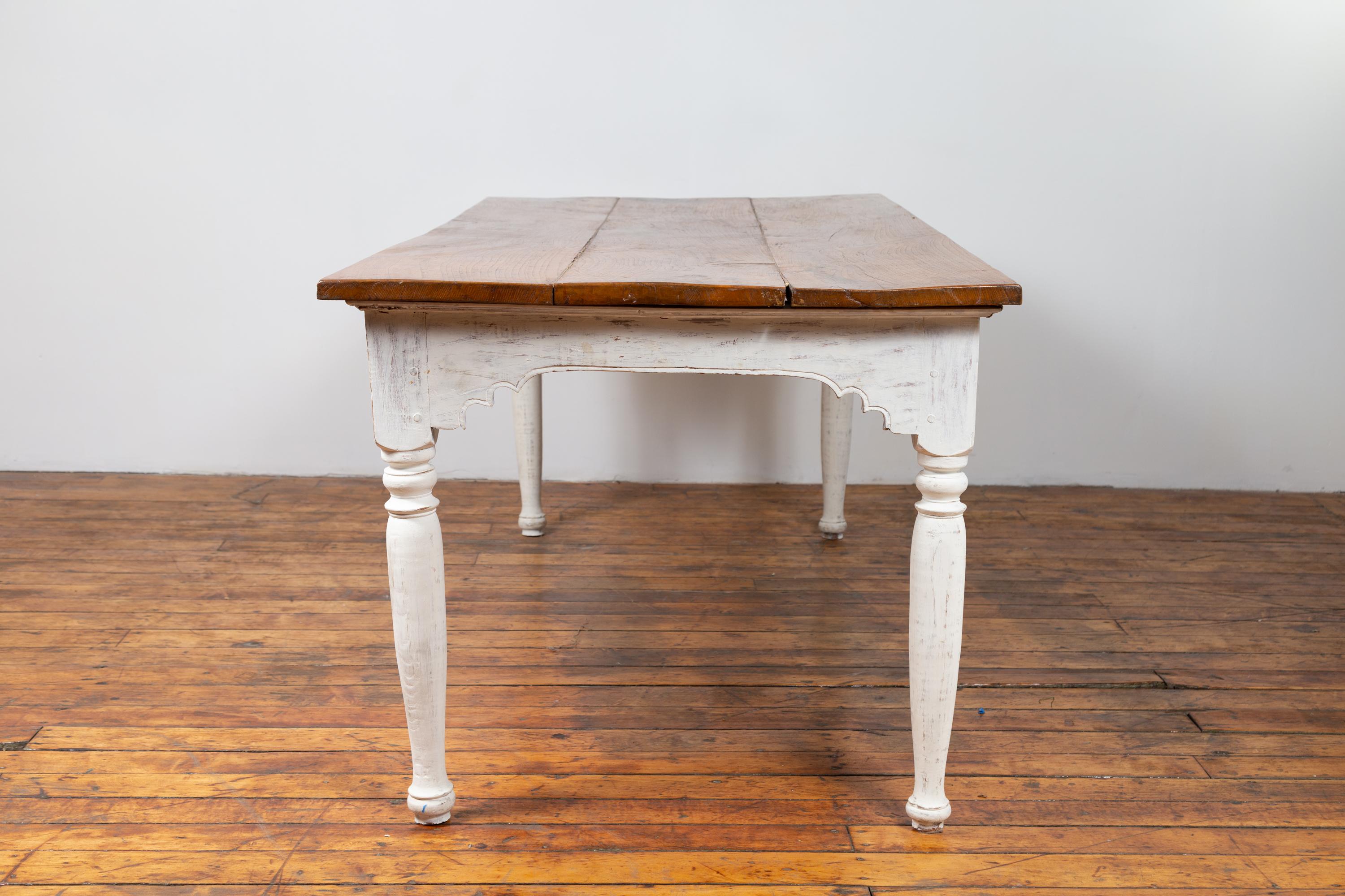 Dutch Colonial Dining Table with Wooden Top over White Painted Turned Base 5