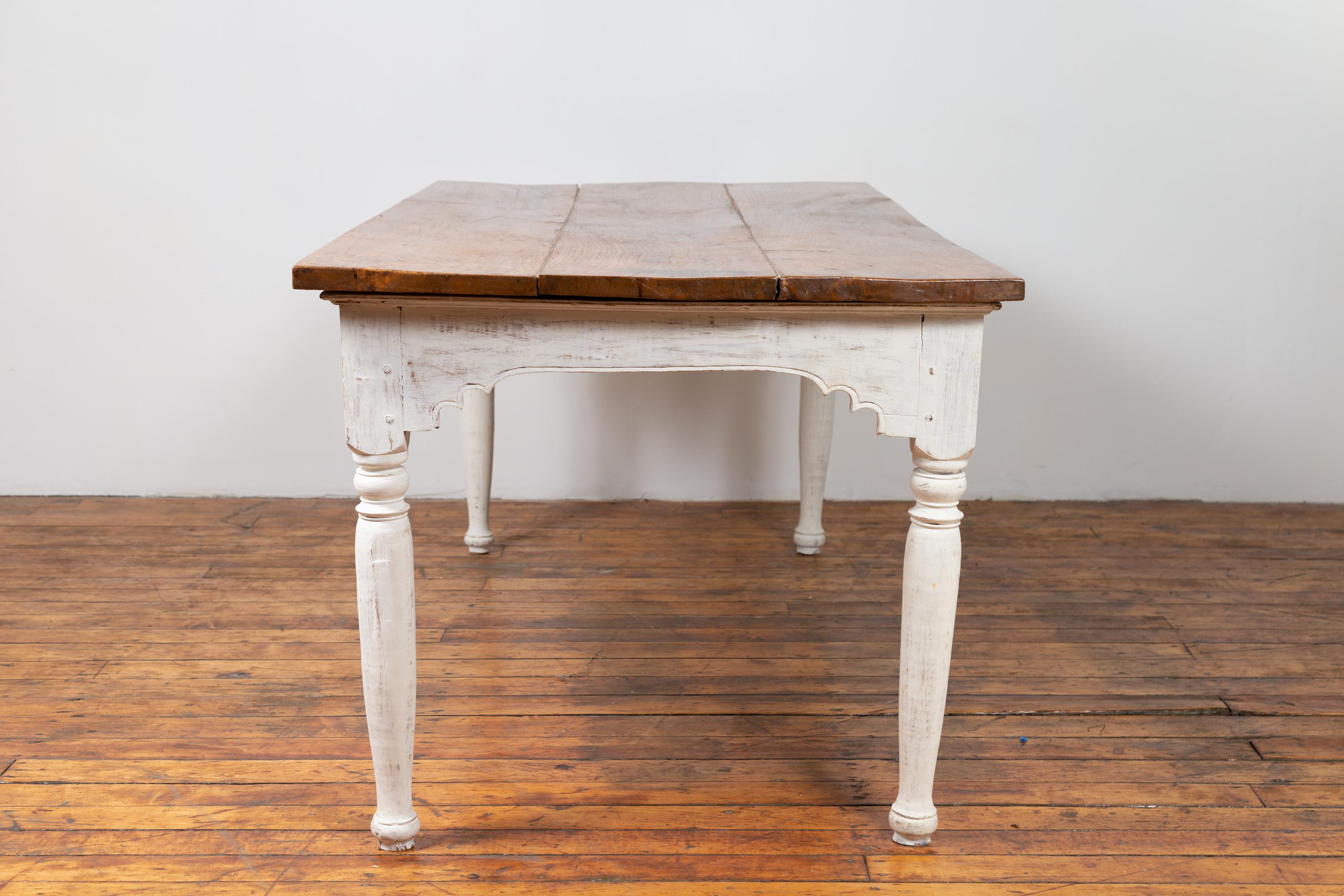 Indonesian Dutch Colonial Dining Table with Wooden Top over White Painted Turned Base