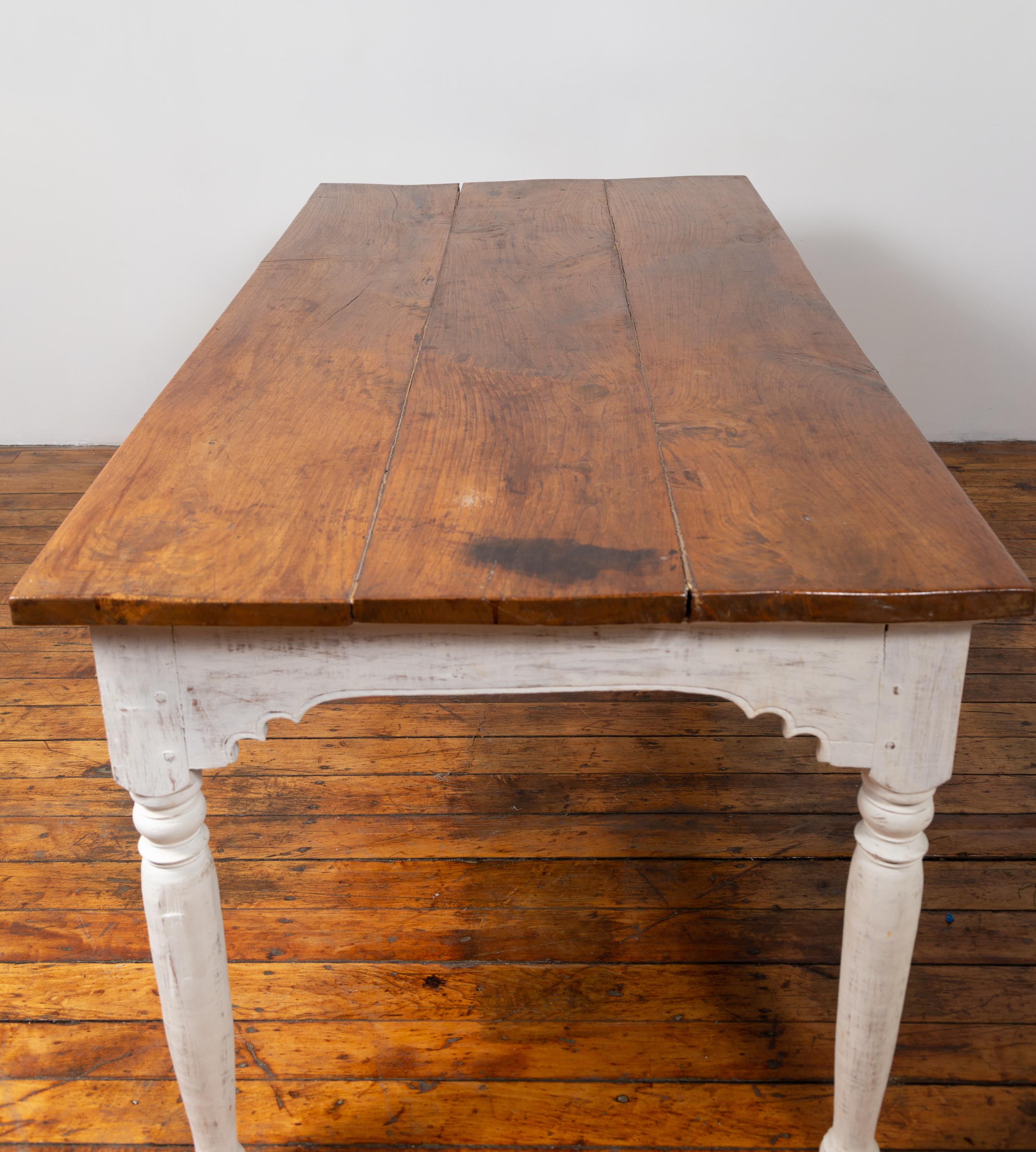 Dutch Colonial Dining Table with Wooden Top over White Painted Turned Base In Good Condition In Yonkers, NY