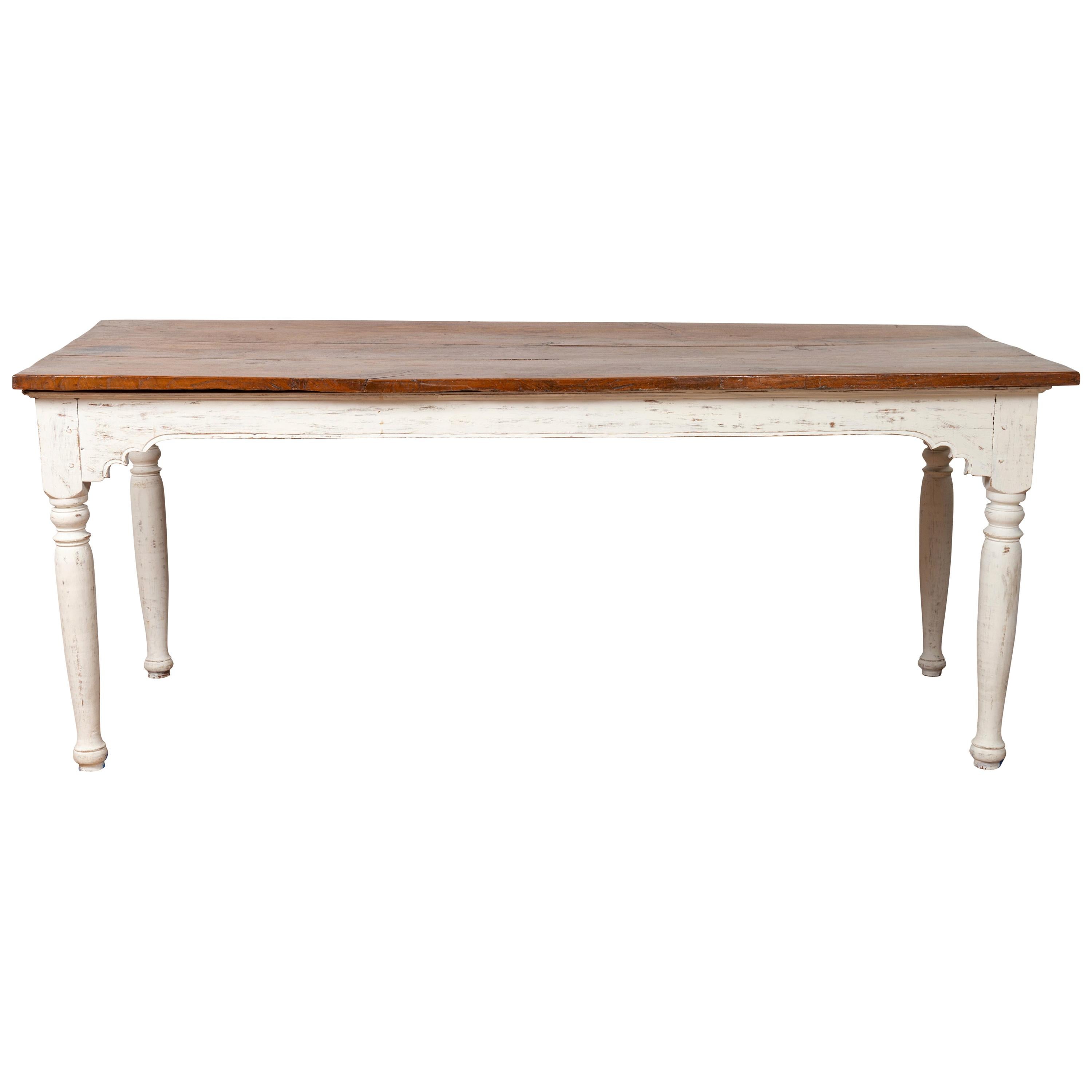 Dutch Colonial Dining Table with Wooden Top over White Painted Turned Base