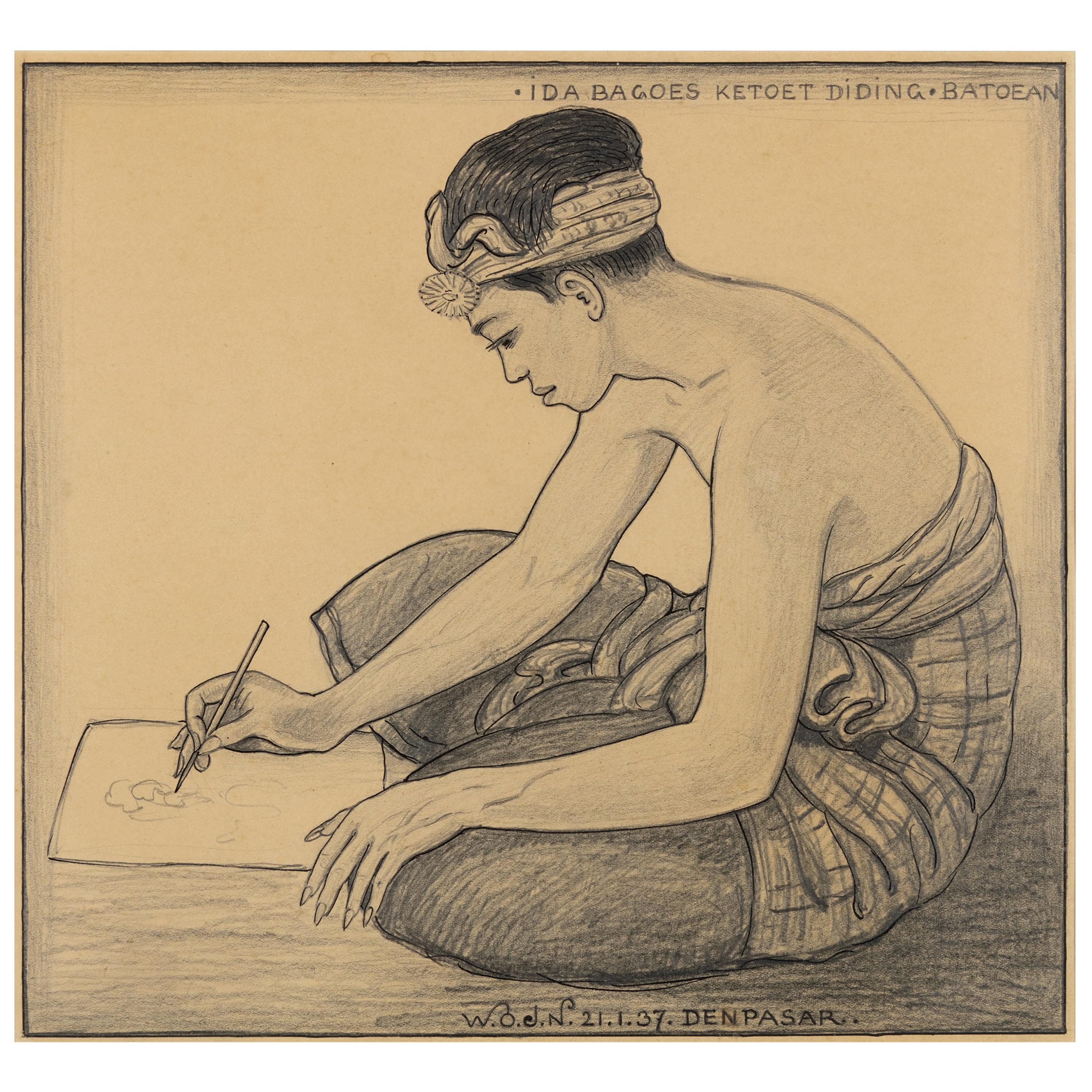 Dutch Colonial Drawing by WOJ Nieuwenkamp - Artist Ketut Diding, Bali, 1937