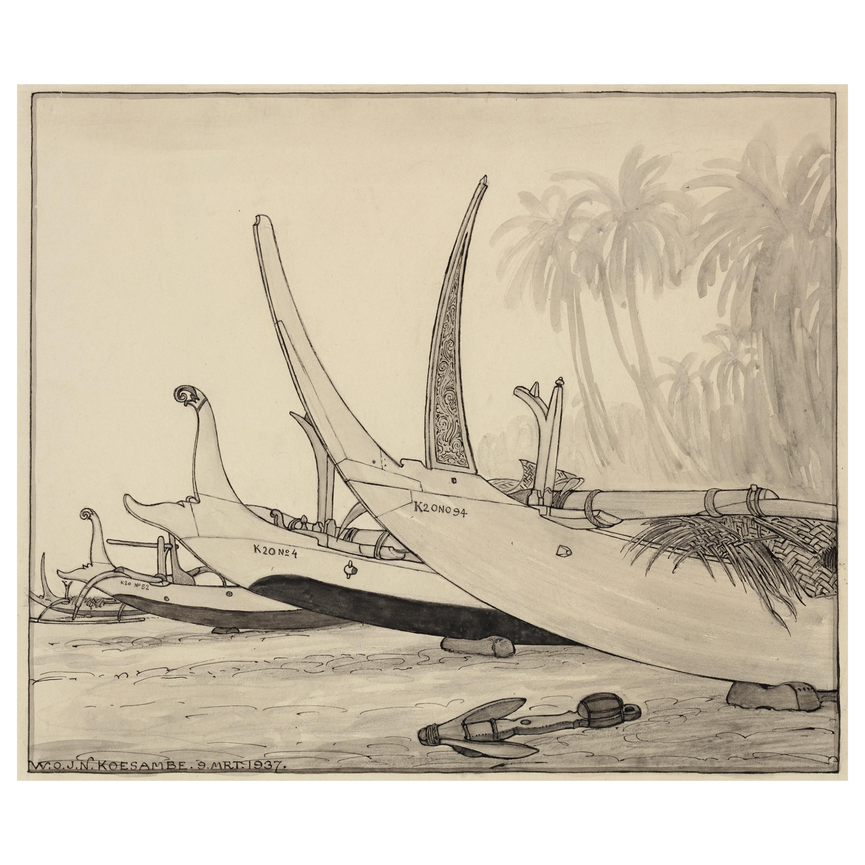 Dutch Colonial Drawing by WOJ Nieuwenkamp - Beach of Kusambe, Bali (Year 1937)