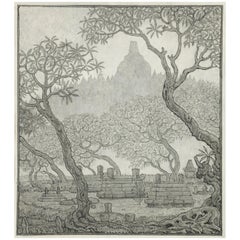 Dutch Colonial Drawing by WOJ Nieuwenkamp - Borobudur, Java, Indonesia (1937)