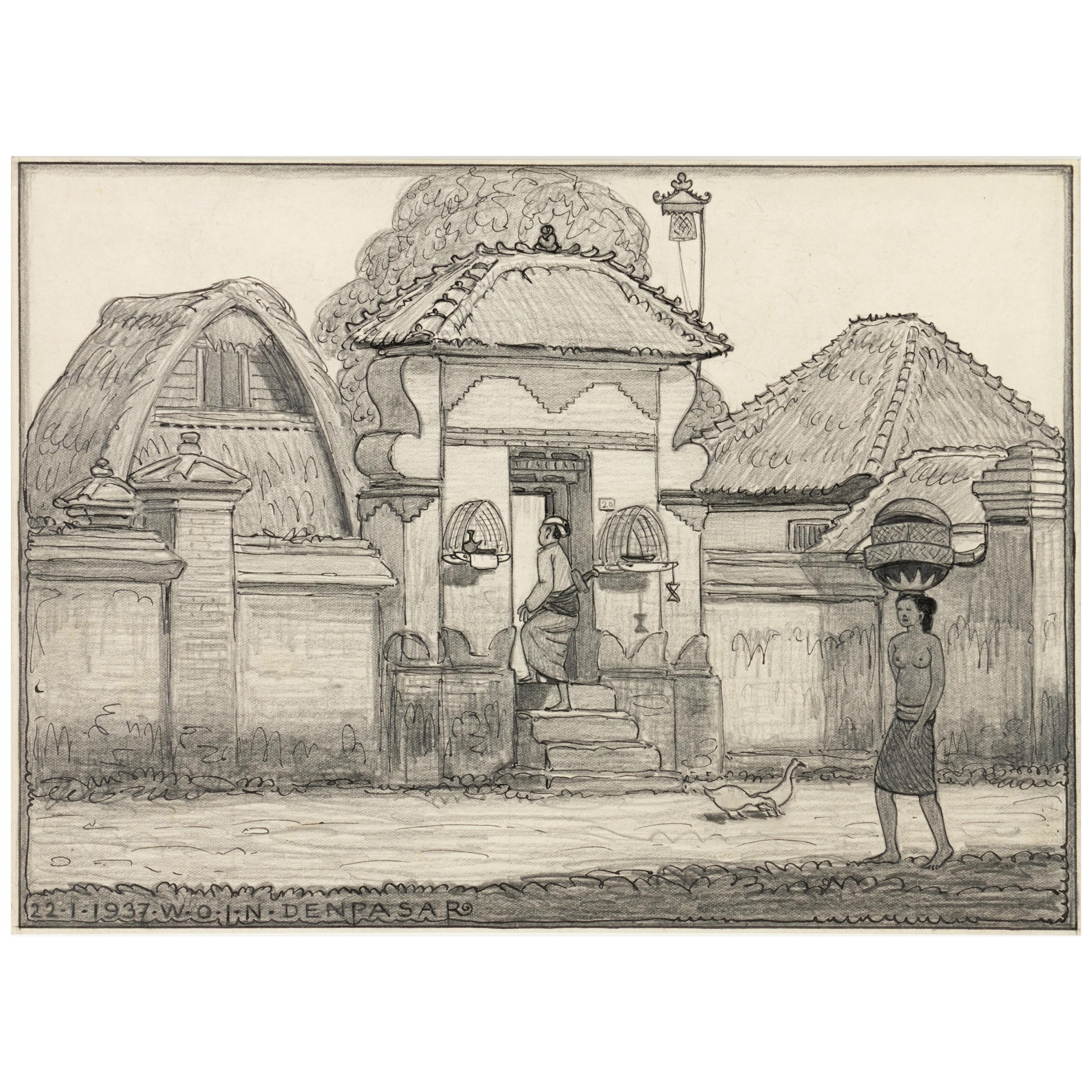 Dutch Colonial Drawing by WOJ Nieuwenkamp - Denpasar, Bali (1937)