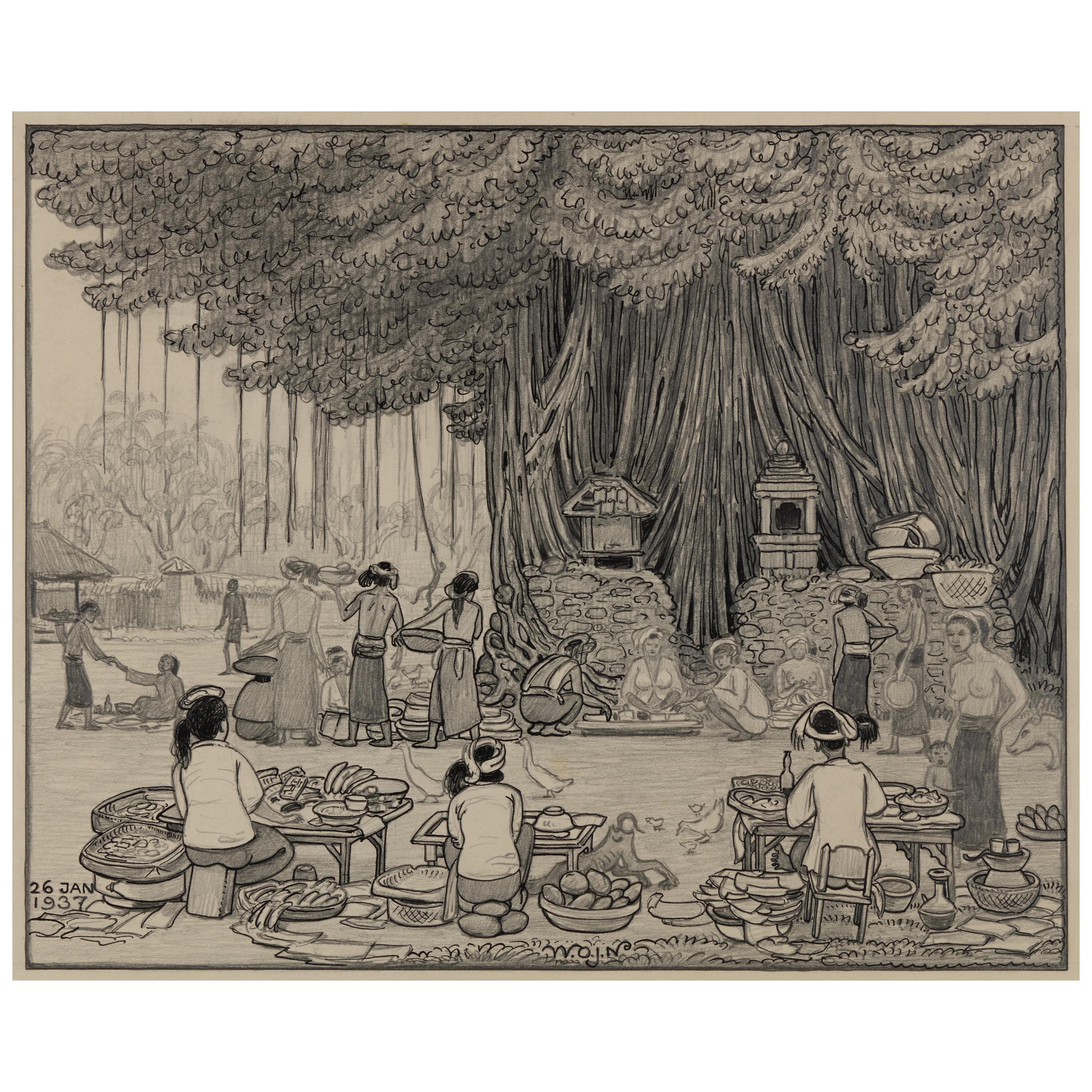 Dutch Colonial Drawing by WOJ Nieuwenkamp - Four Balinese, Bali (Year 1910)