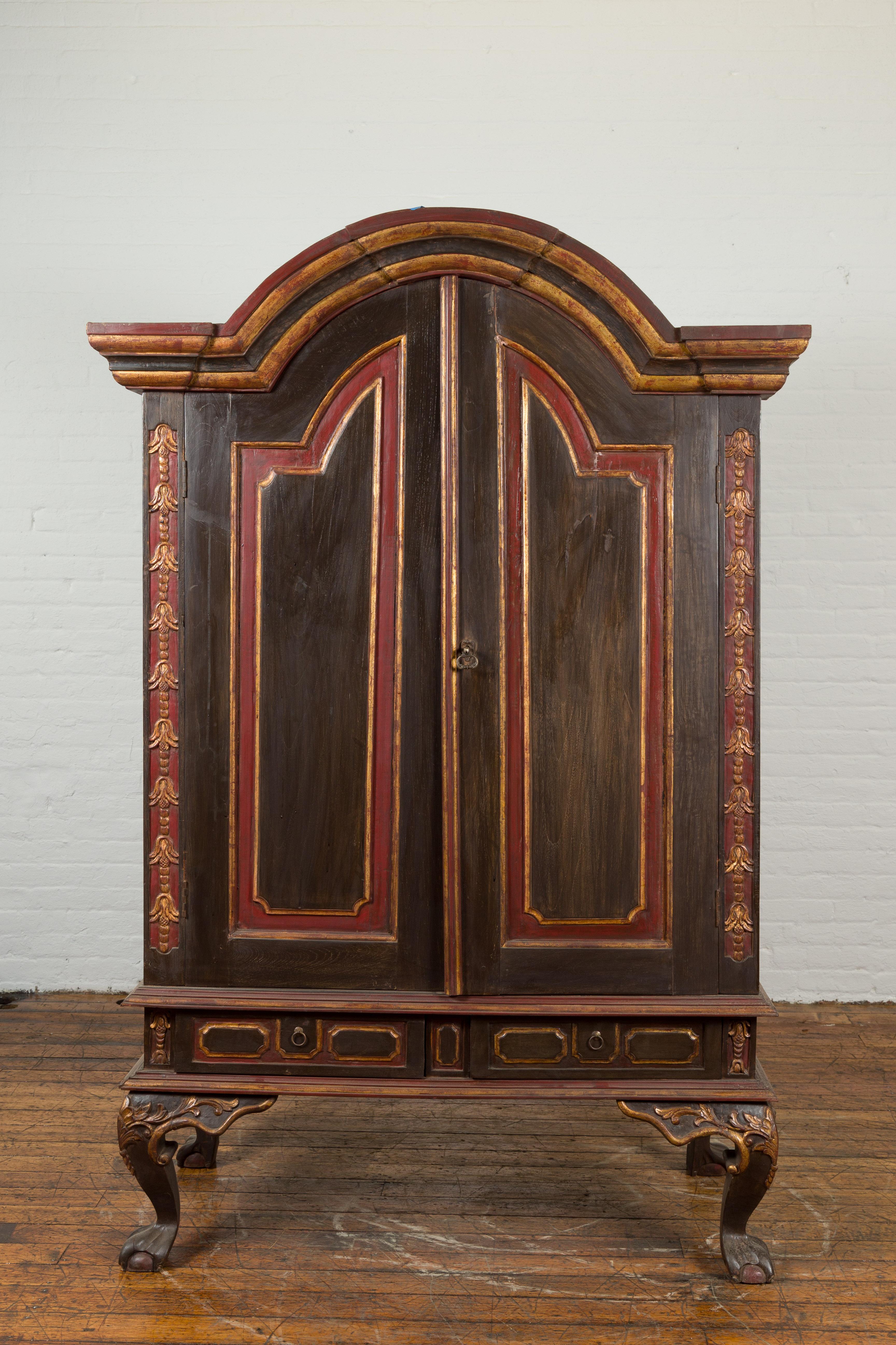 Indonesian Dutch Colonial Early 20th Century Cabinet with Bonnet Top and Cabriole Legs For Sale