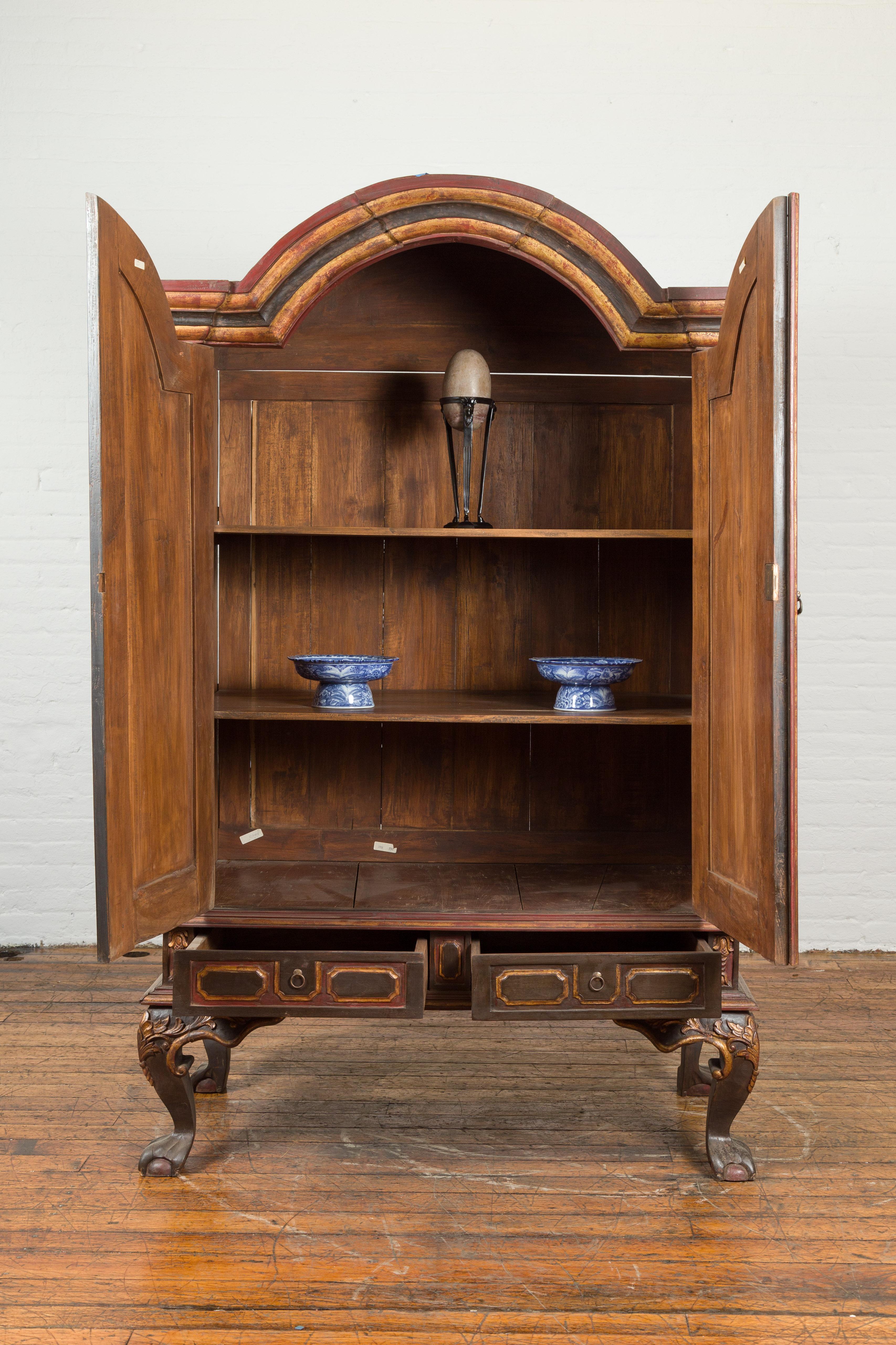 Carved Dutch Colonial Early 20th Century Cabinet with Bonnet Top and Cabriole Legs For Sale