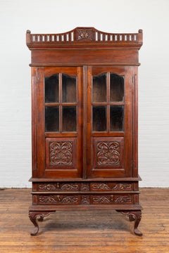 Dutch Colonial Early 20th Century Indonesian Display Cabinet with Carved Motifs