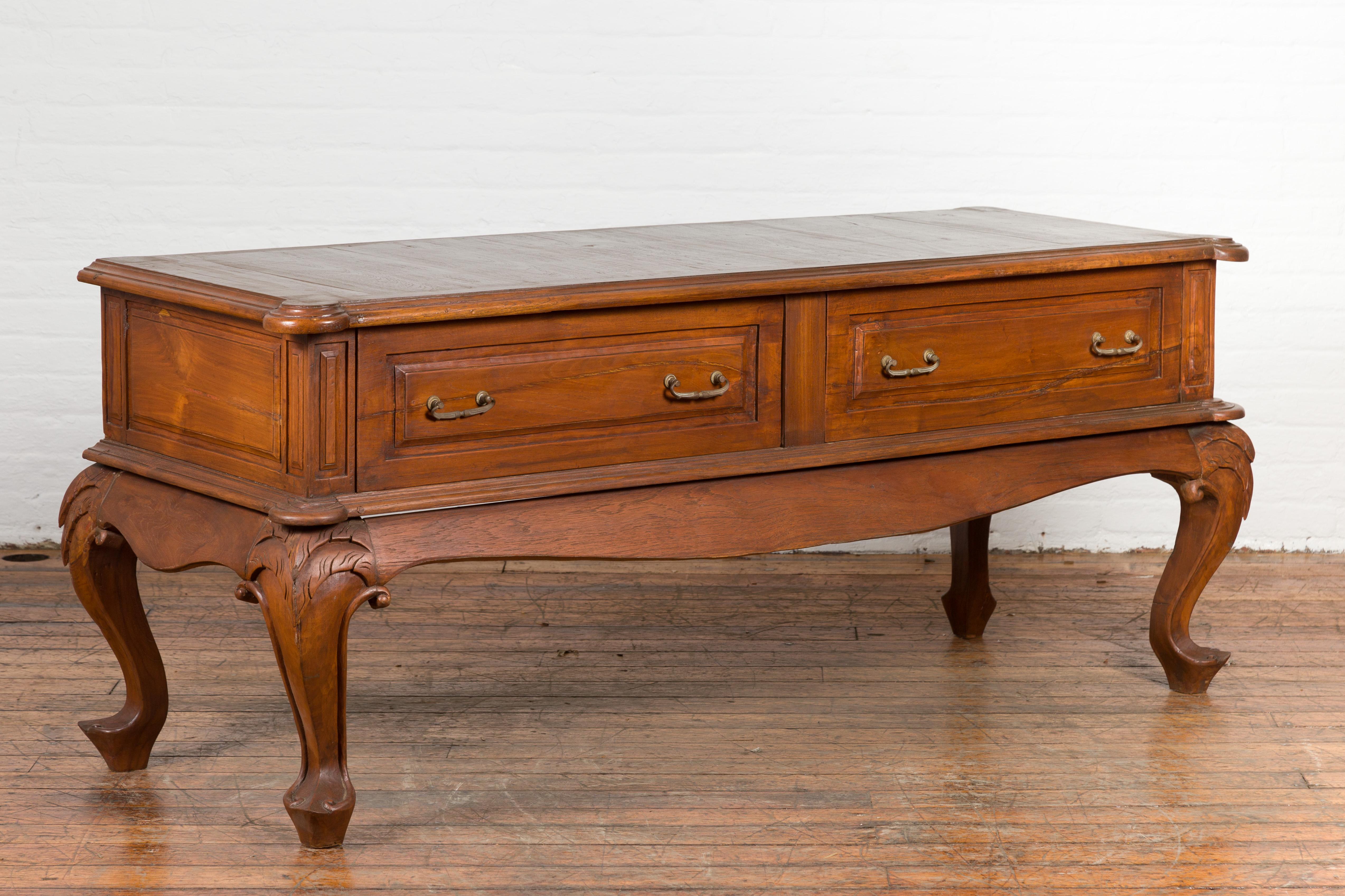 Indonesian Dutch Colonial Early 20th Century Low Table with Two Drawers and Cabriole Legs For Sale
