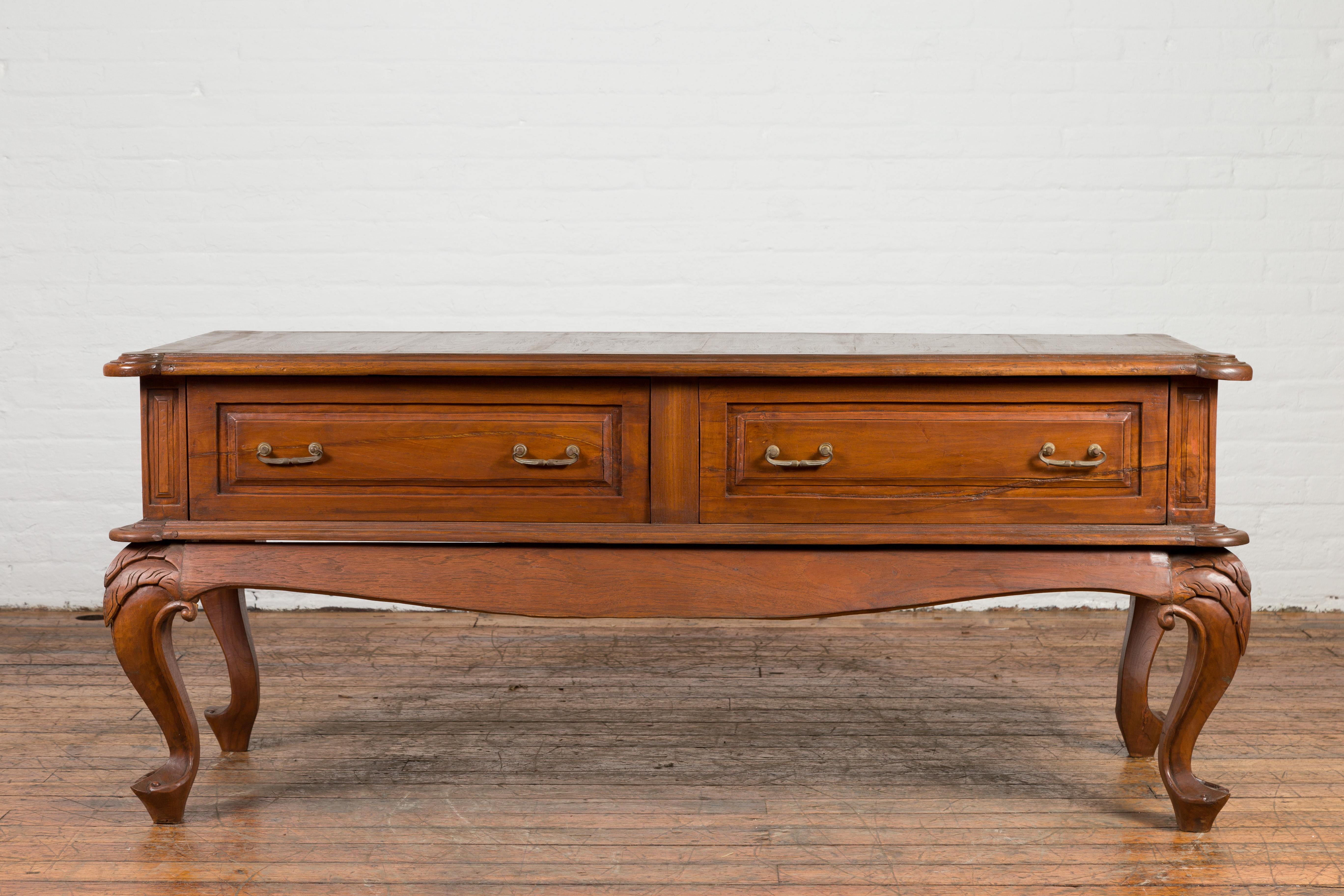 Carved Dutch Colonial Early 20th Century Low Table with Two Drawers and Cabriole Legs For Sale