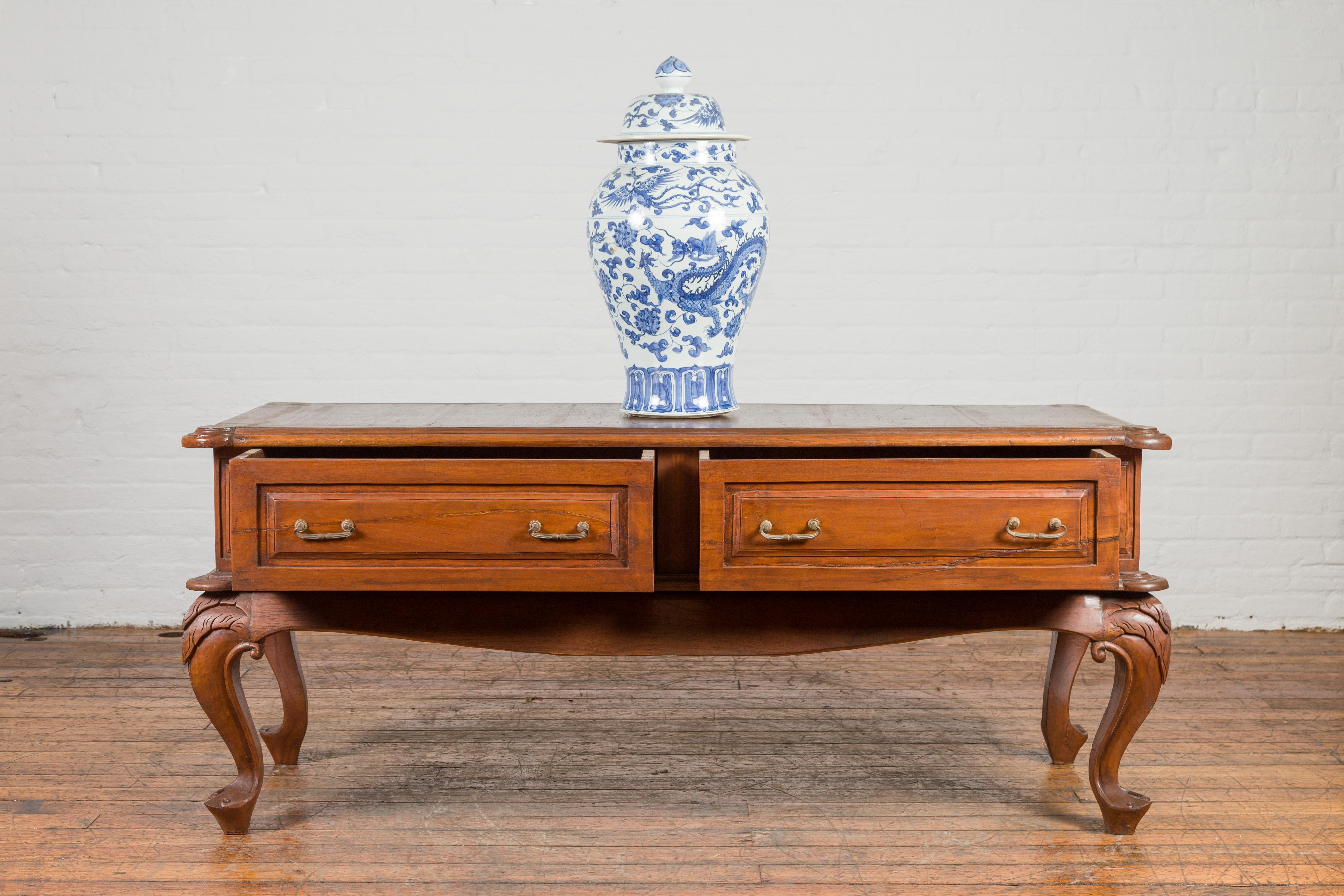 Dutch Colonial Early 20th Century Low Table with Two Drawers and Cabriole Legs In Good Condition For Sale In Yonkers, NY