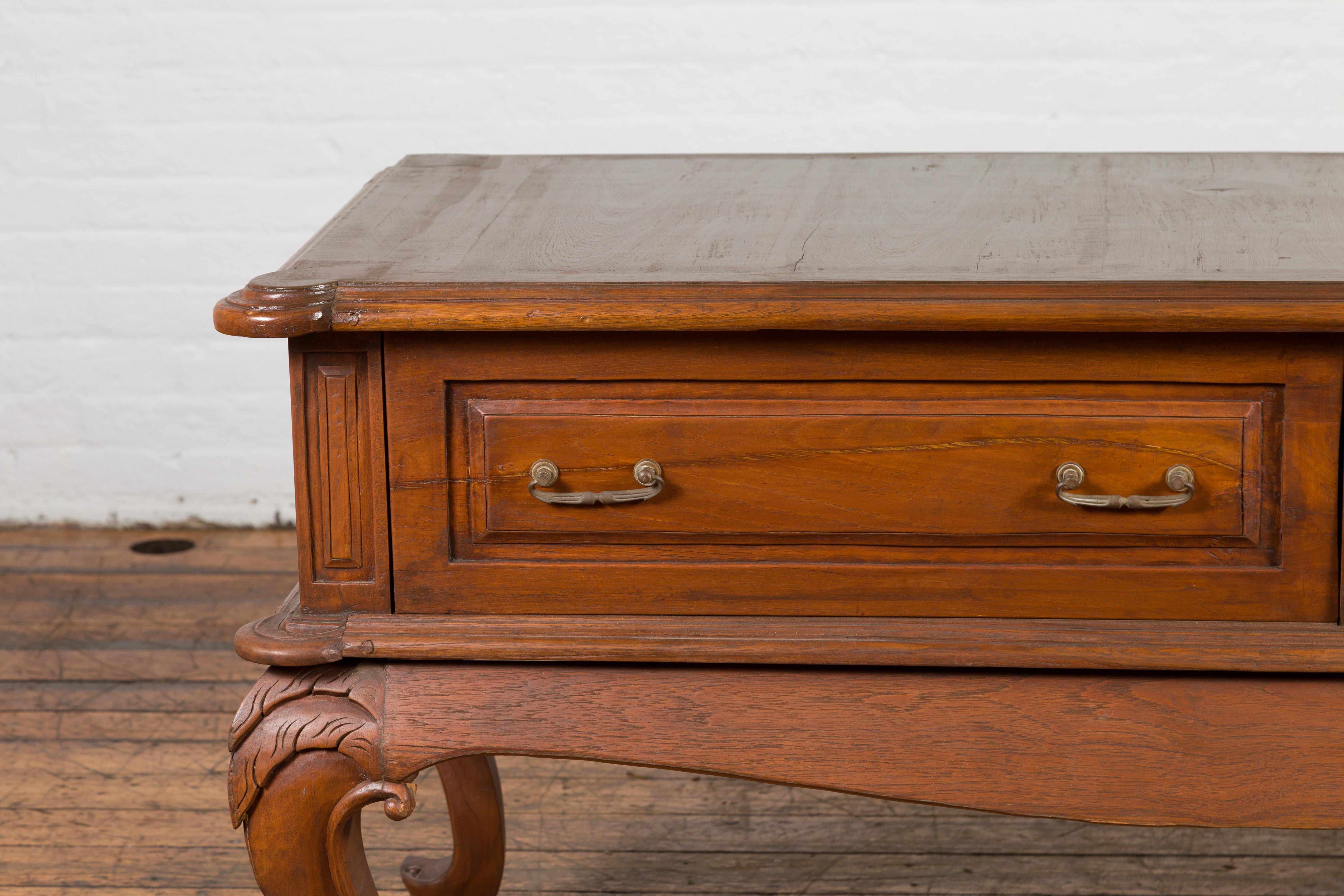 Wood Dutch Colonial Early 20th Century Low Table with Two Drawers and Cabriole Legs For Sale