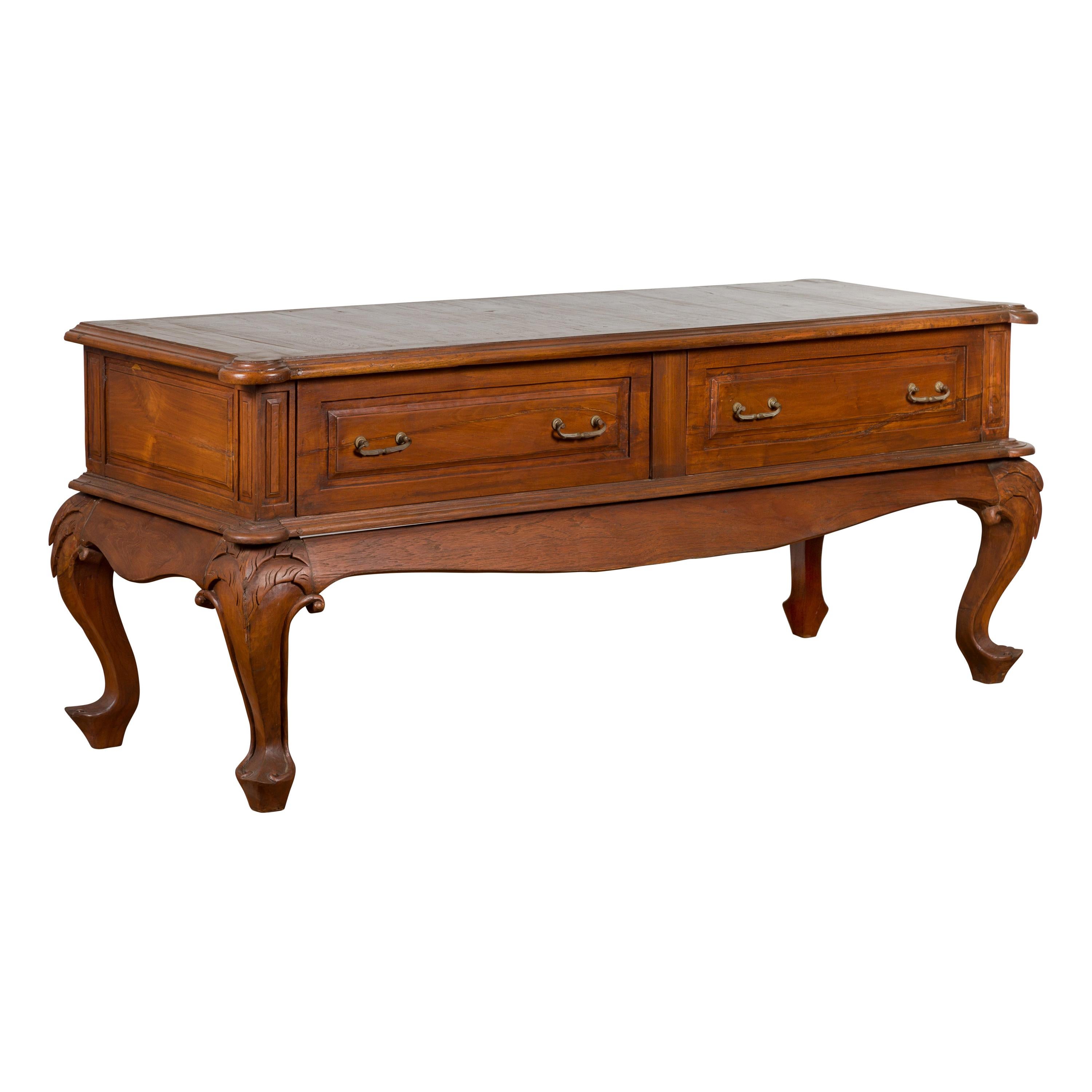 Dutch Colonial Early 20th Century Low Table with Two Drawers and Cabriole Legs For Sale