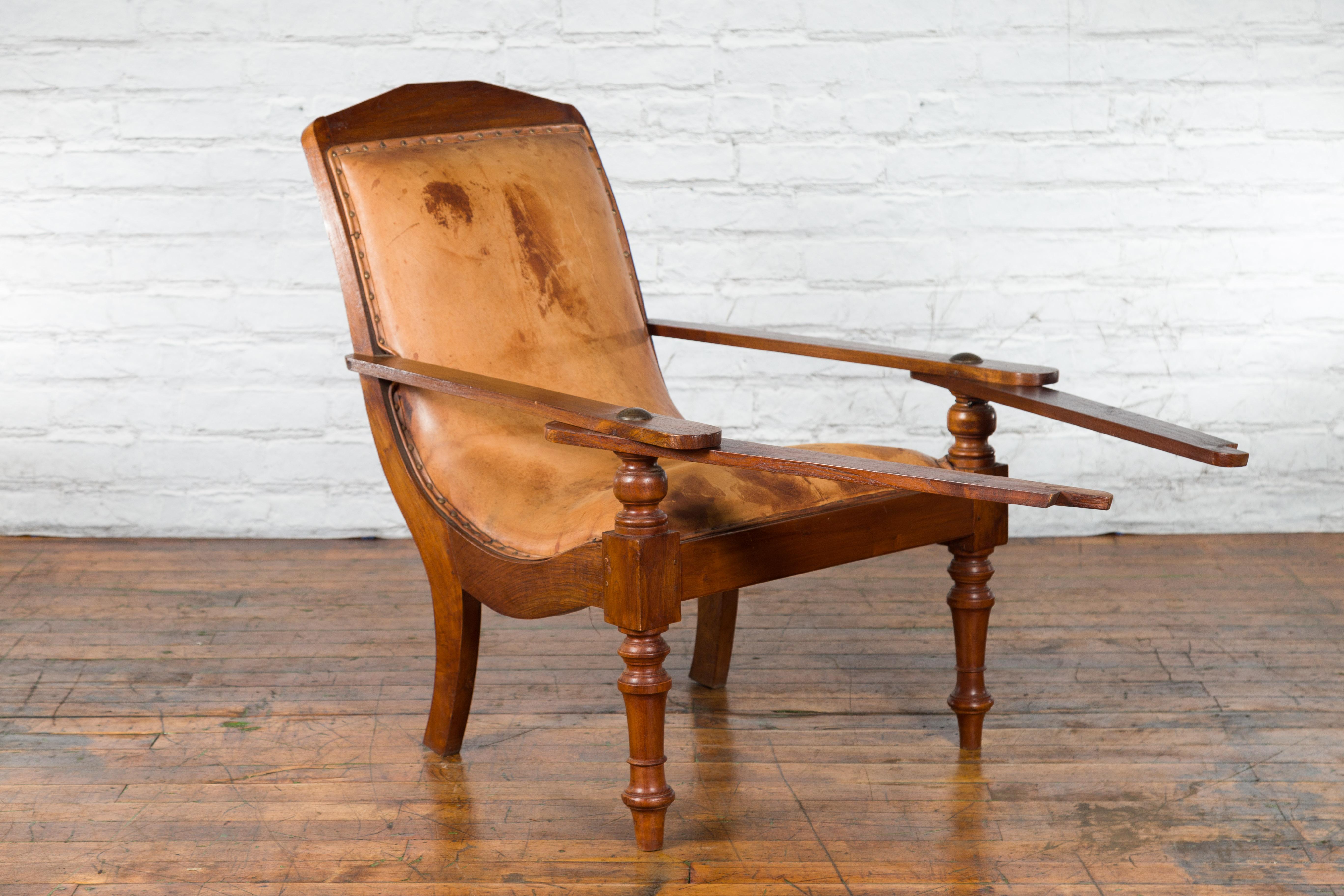 Dutch Colonial Early 20th Century Plantation Lounge Chair with Brown Leather For Sale 1