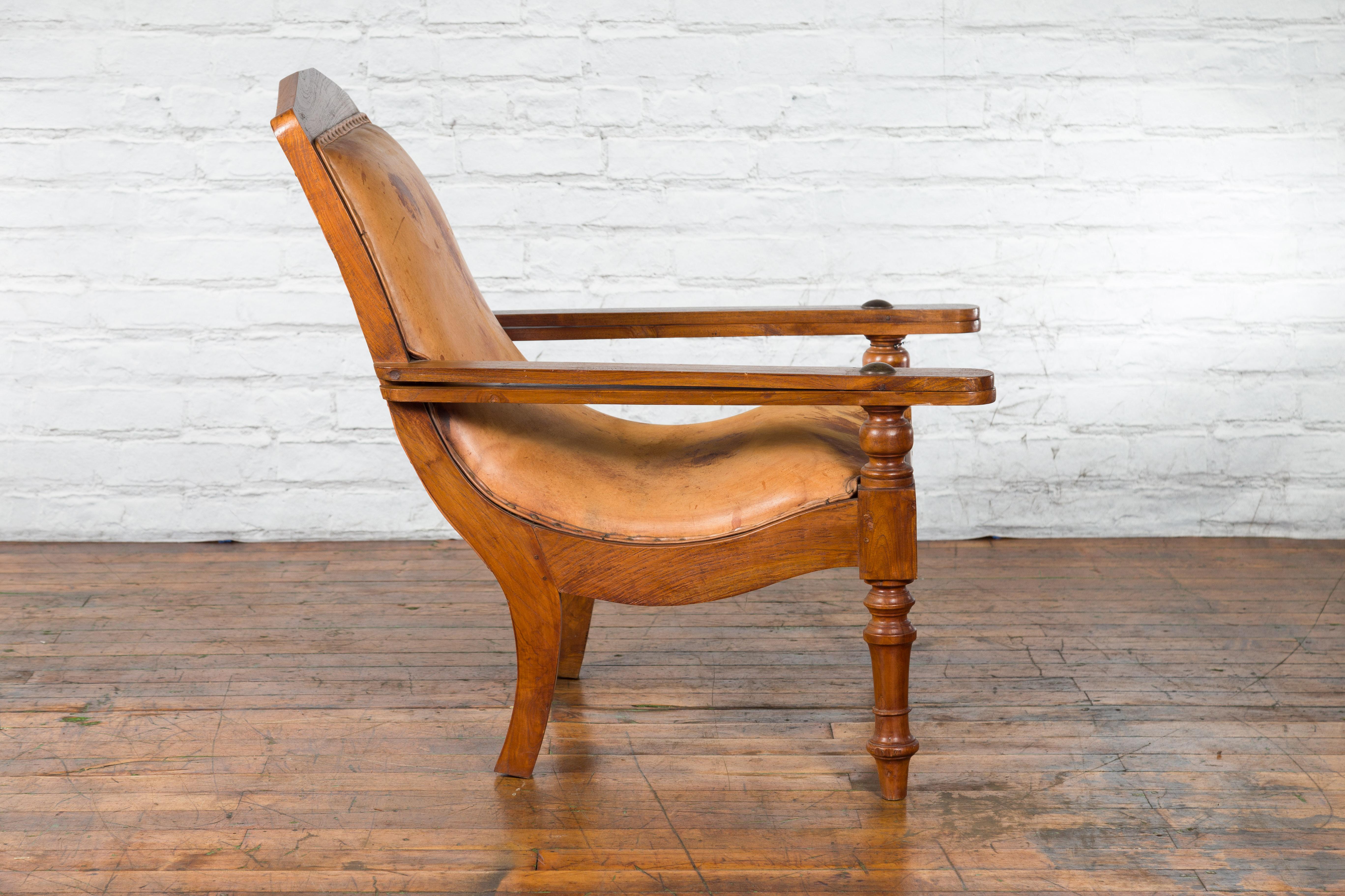 Dutch Colonial Early 20th Century Plantation Lounge Chair with Brown Leather For Sale 2