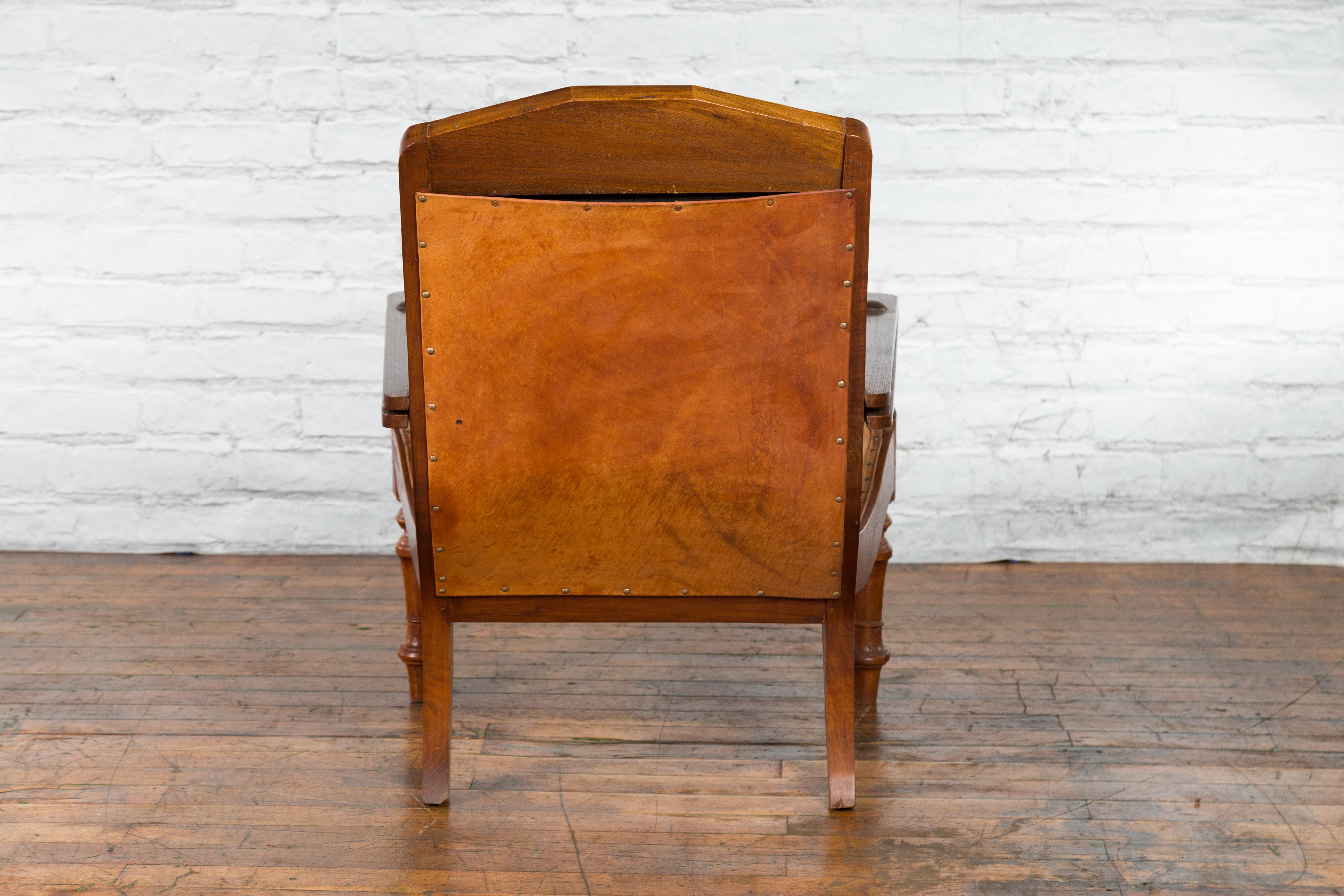 Dutch Colonial Early 20th Century Plantation Lounge Chair with Brown Leather For Sale 3