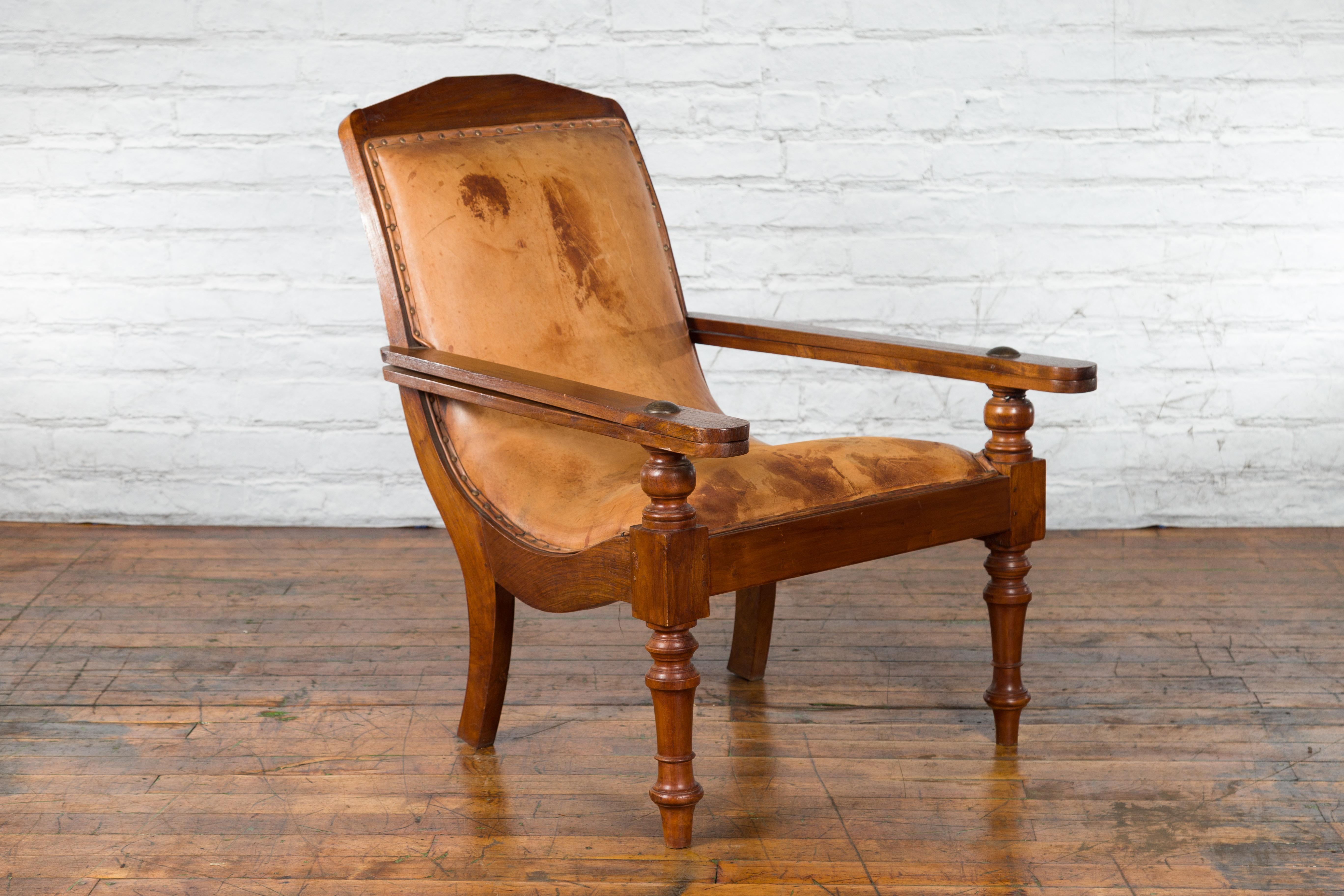 Turned Dutch Colonial Early 20th Century Plantation Lounge Chair with Brown Leather For Sale