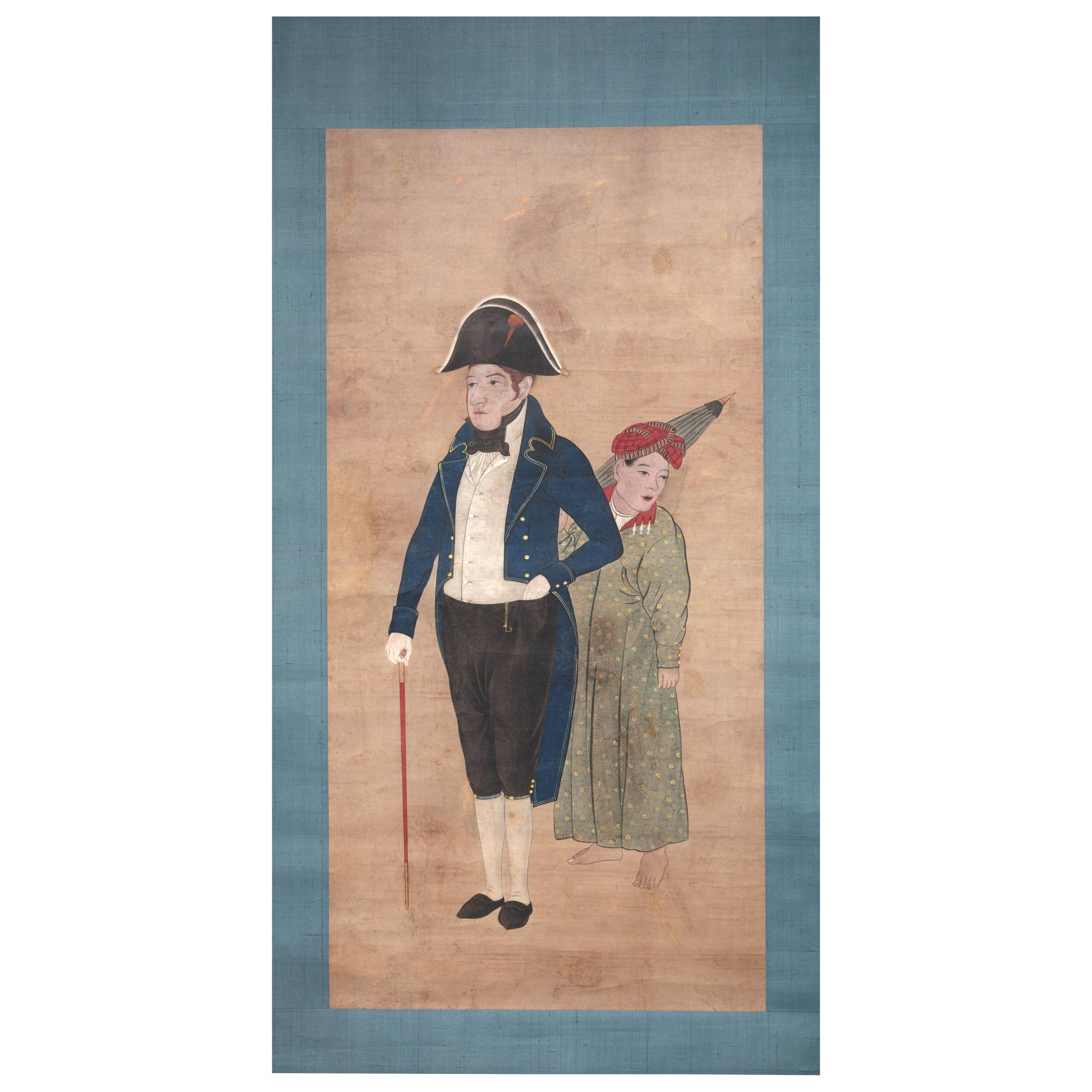 Peinture japonaise coloniale hollandaise à volutes du maître marchand Doeff en vente