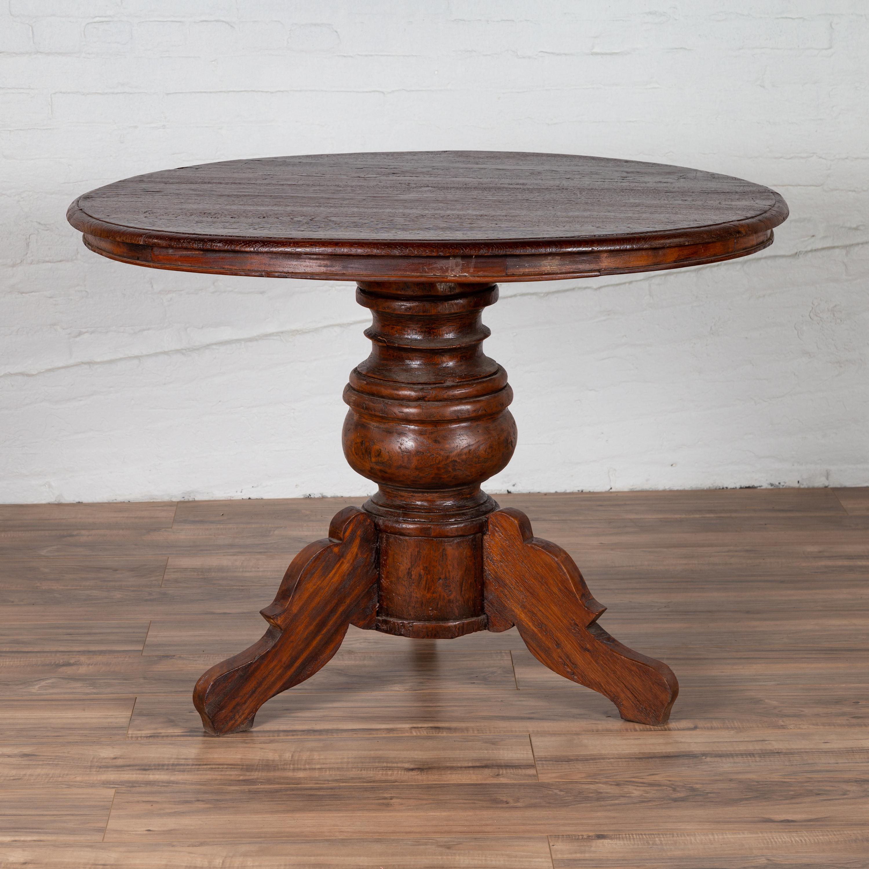 Indonesian Dutch Colonial Javanese Pedestal Tripod Table with Circular Top and Turned Base