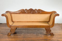 Dutch Colonial Javanese Teak Settee with Carved Décor and Inset Woven Rattan