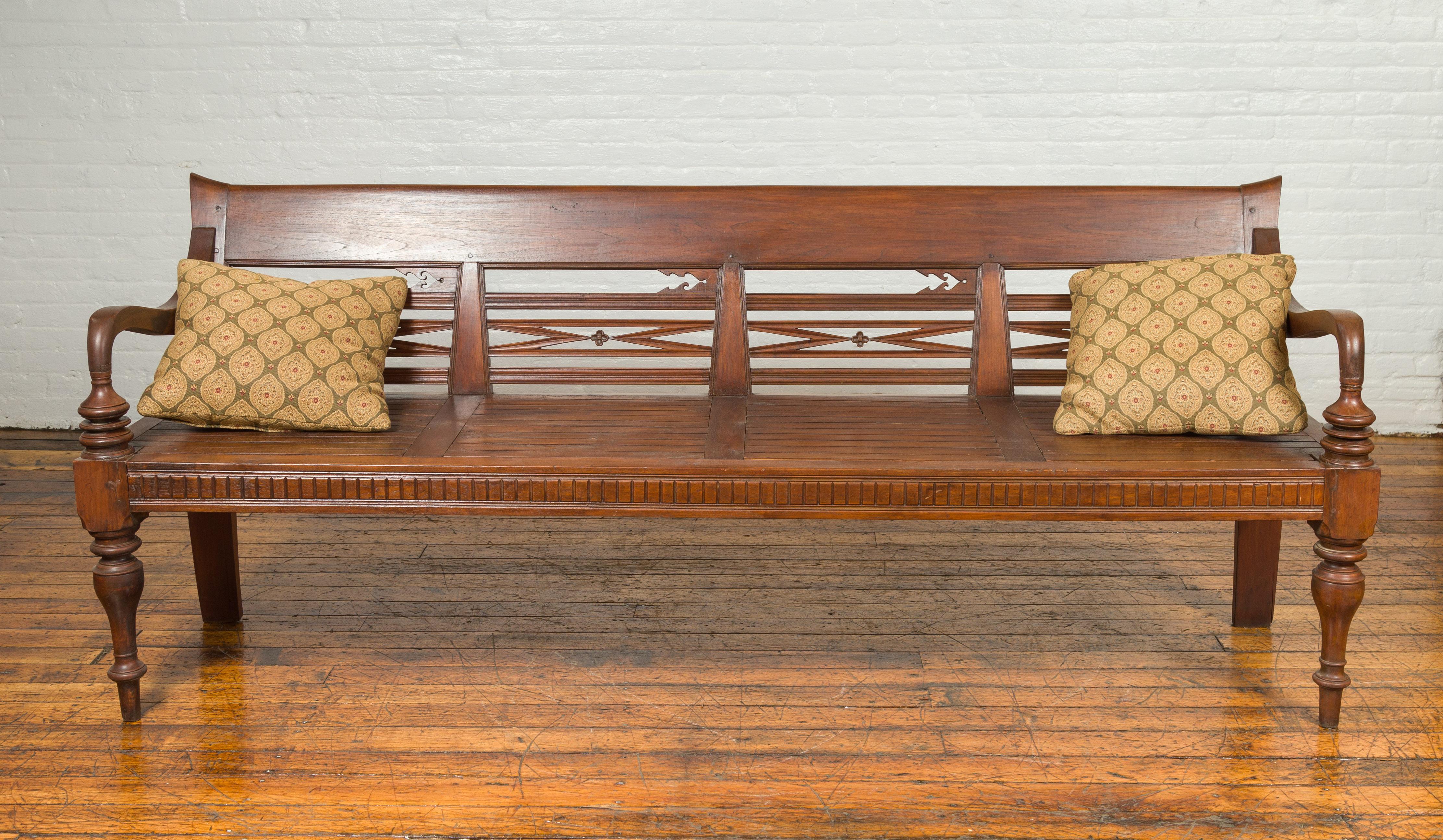Dutch Colonial Late 19th Century Bench with Pierced Back and Scrolling Arms In Good Condition In Yonkers, NY