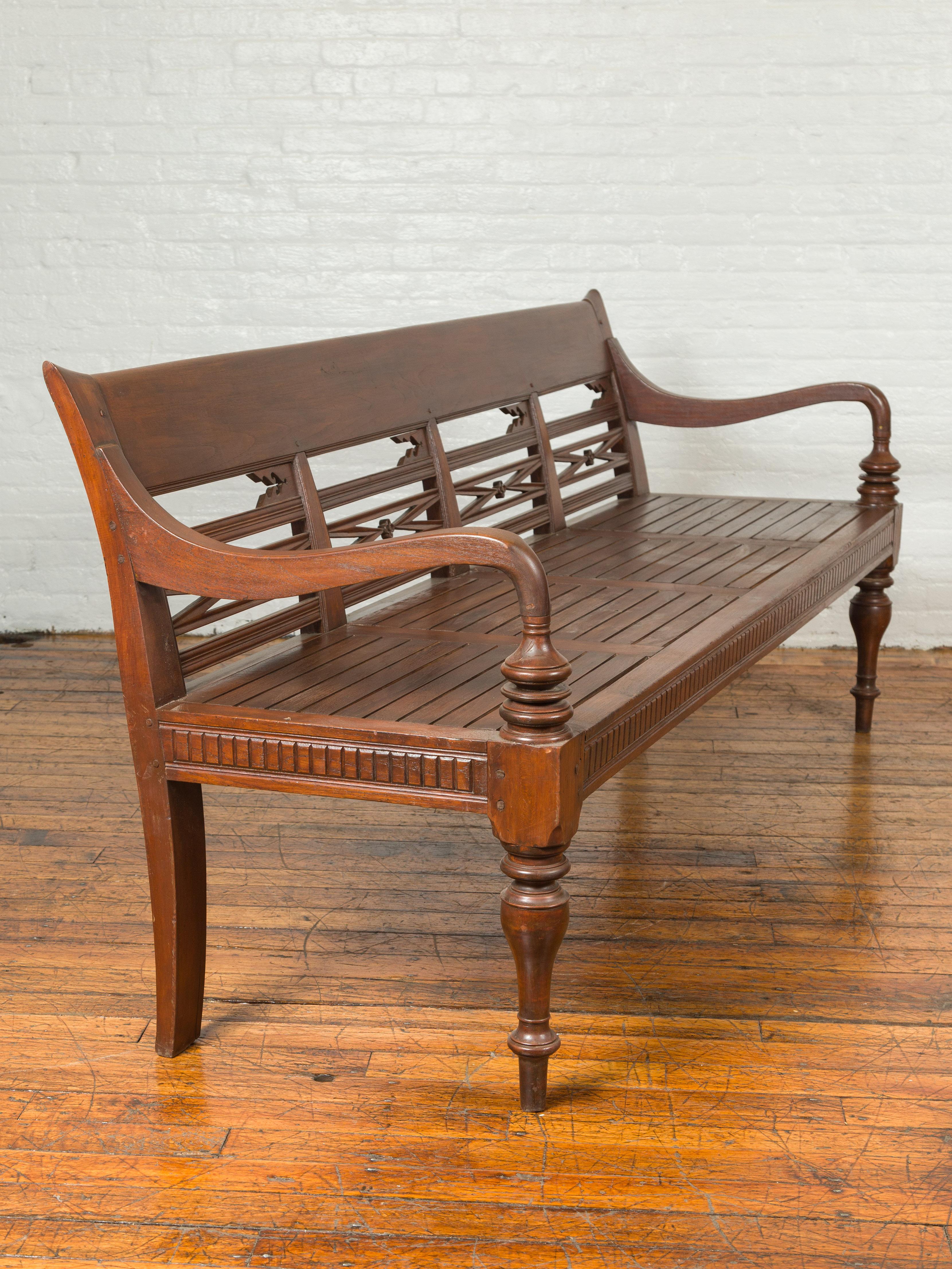 Wood Dutch Colonial Late 19th Century Bench with Pierced Back and Scrolling Arms