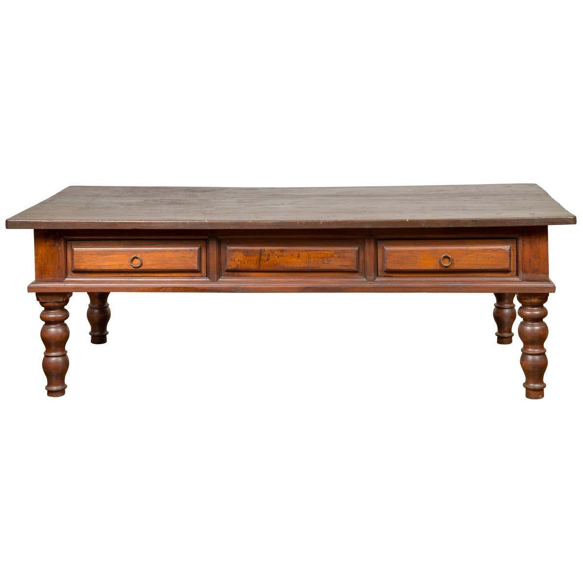 Dutch Colonial Late 19th Century Long Coffee Table with Drawers and ...