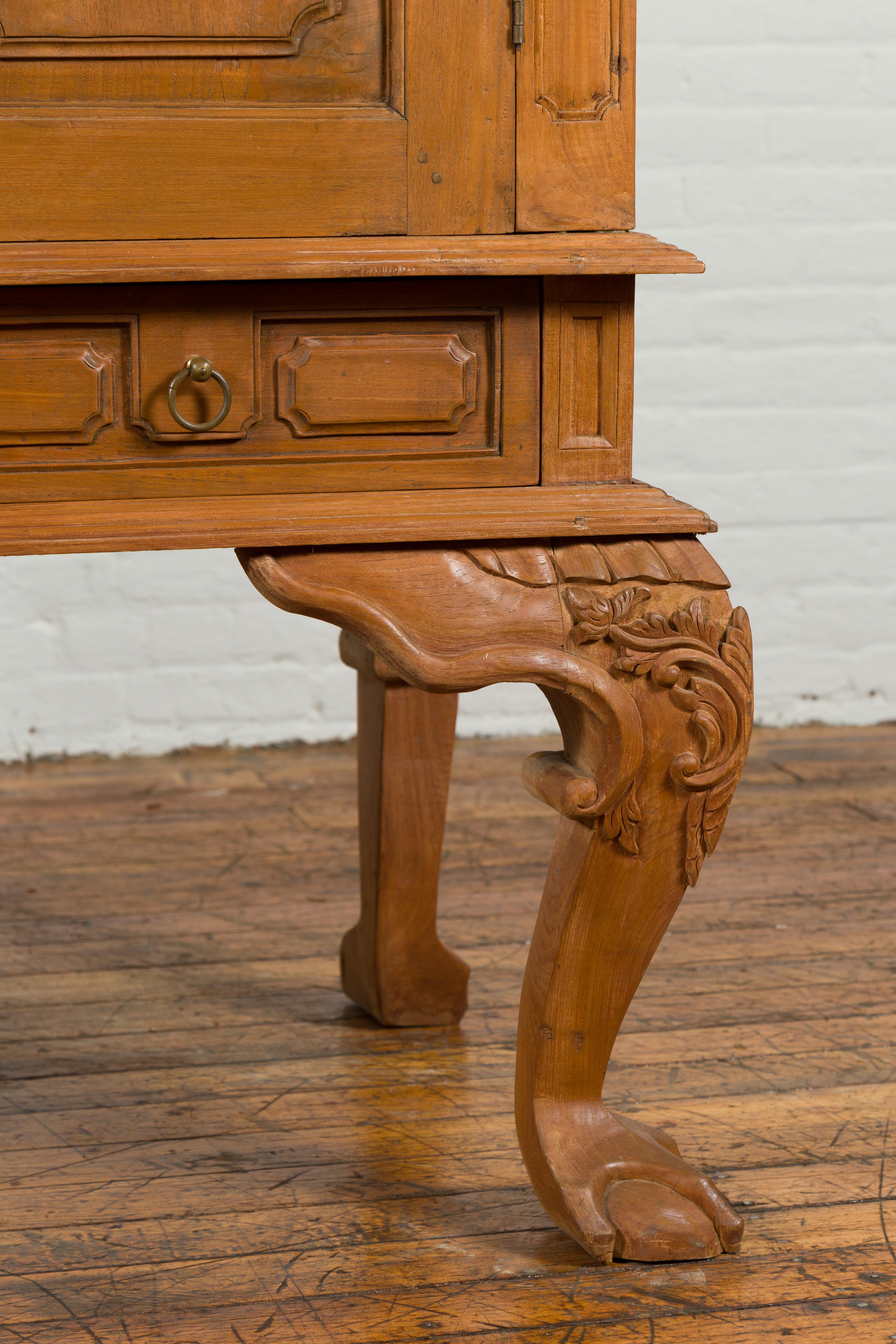 Dutch Colonial Late 19th Century Teak Cabinet with Bonnet Top and Cabriole Legs For Sale 2