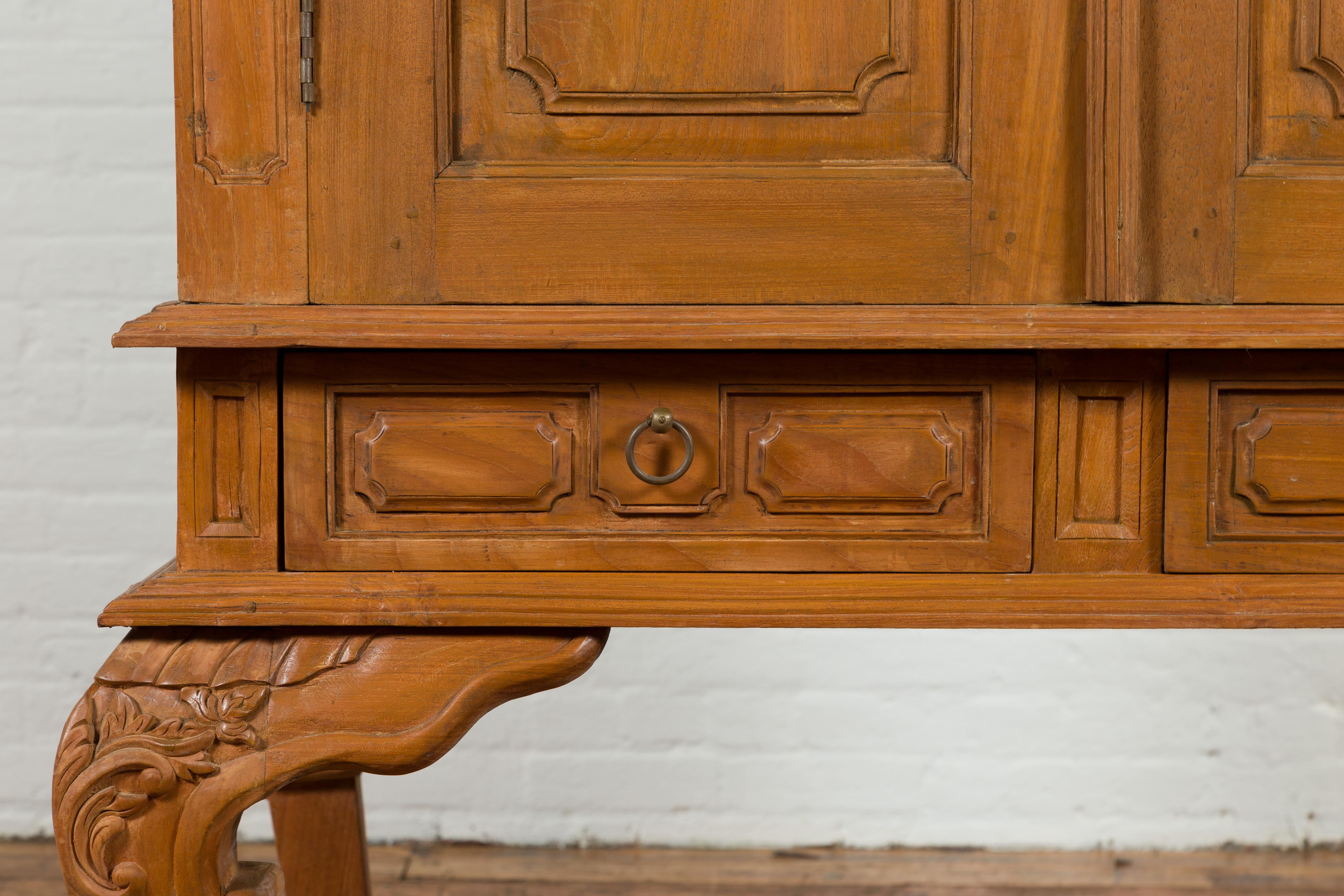 Dutch Colonial Late 19th Century Teak Cabinet with Bonnet Top and Cabriole Legs For Sale 3