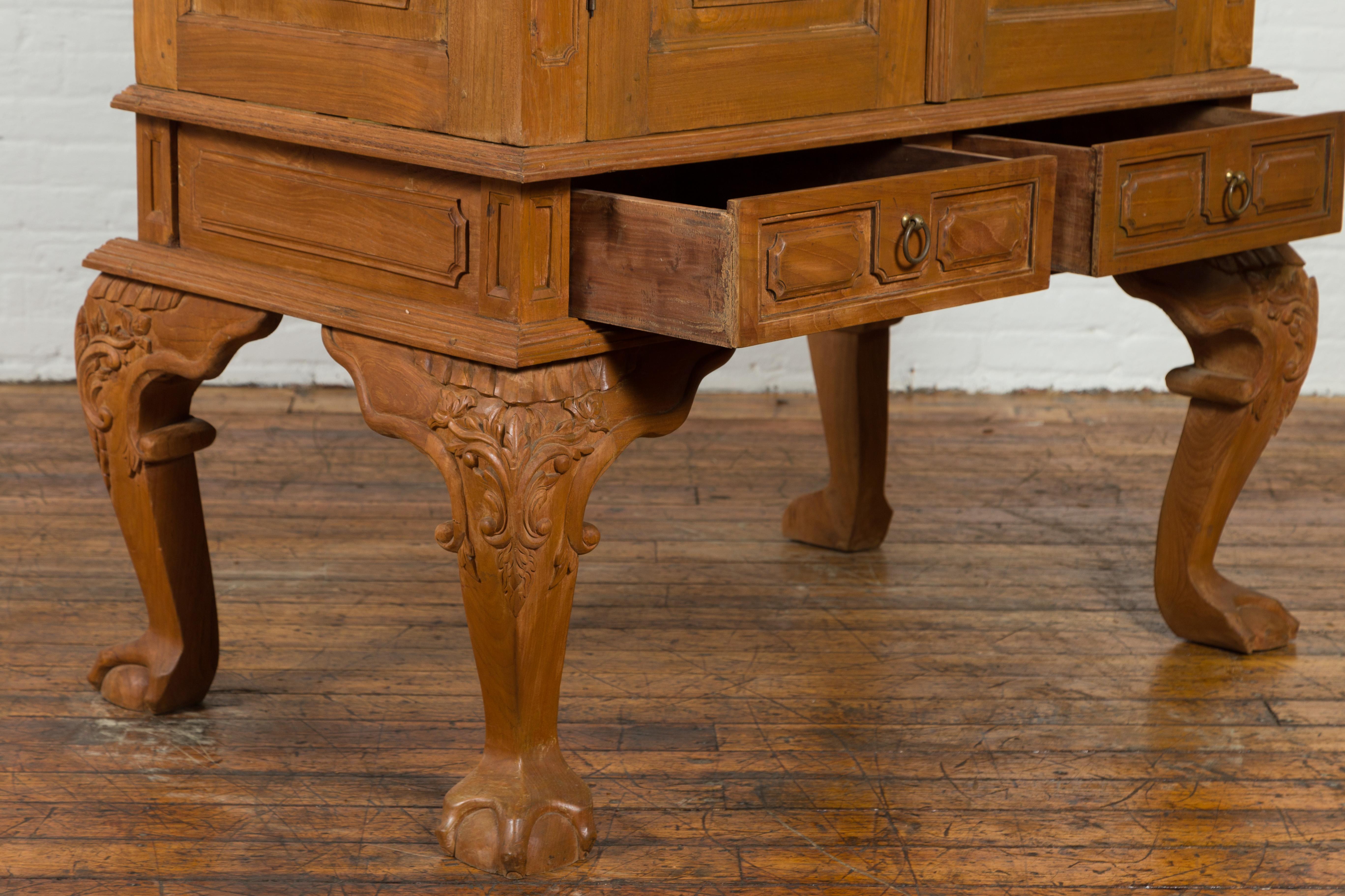 Dutch Colonial Late 19th Century Teak Cabinet with Bonnet Top and Cabriole Legs For Sale 4