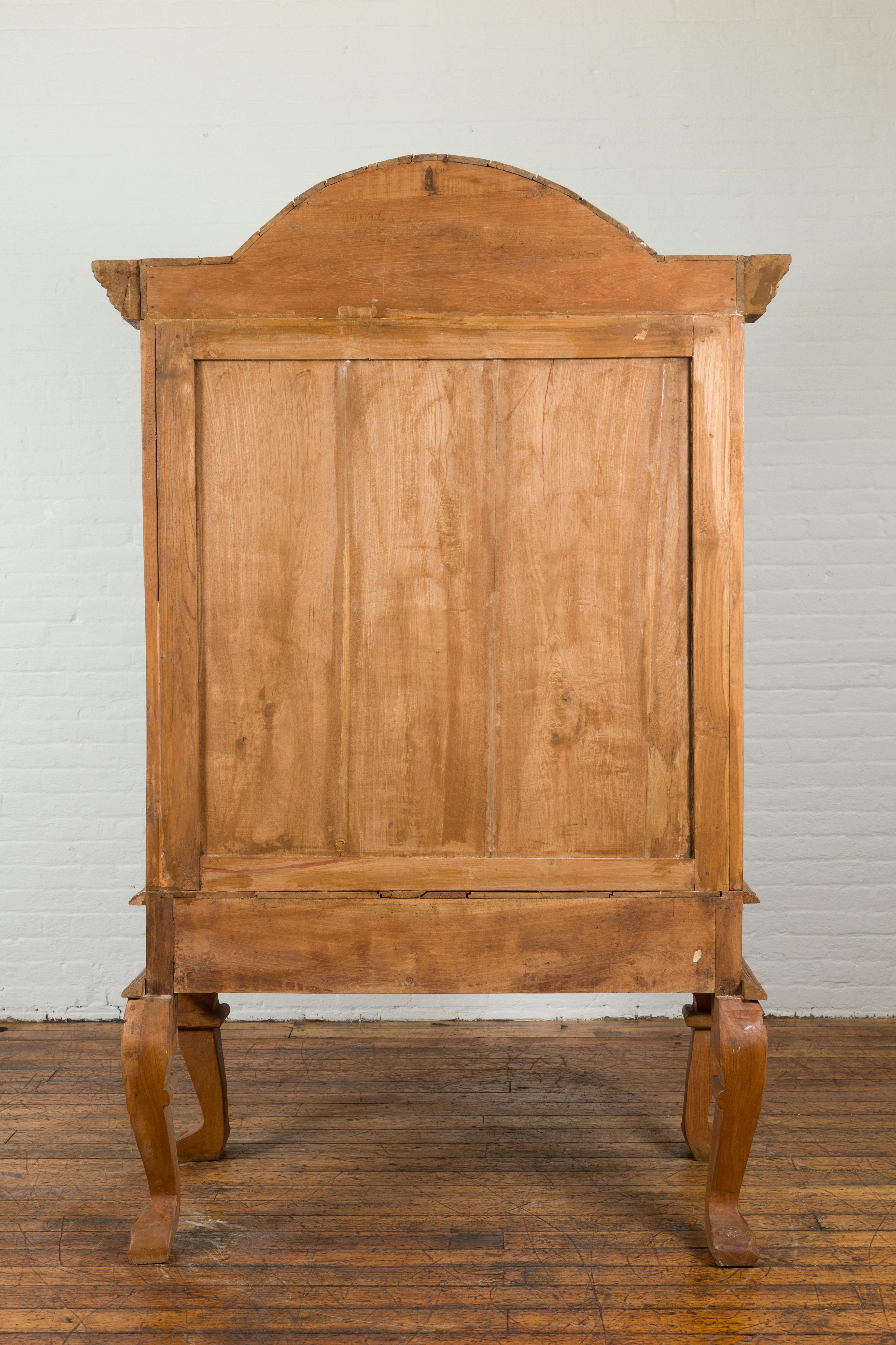 Dutch Colonial Late 19th Century Teak Cabinet with Bonnet Top and Cabriole Legs For Sale 6