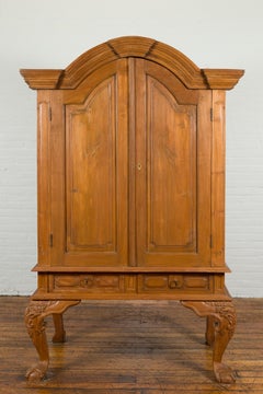 Dutch Colonial Late 19th Century Teak Cabinet with Bonnet Top and Cabriole Legs